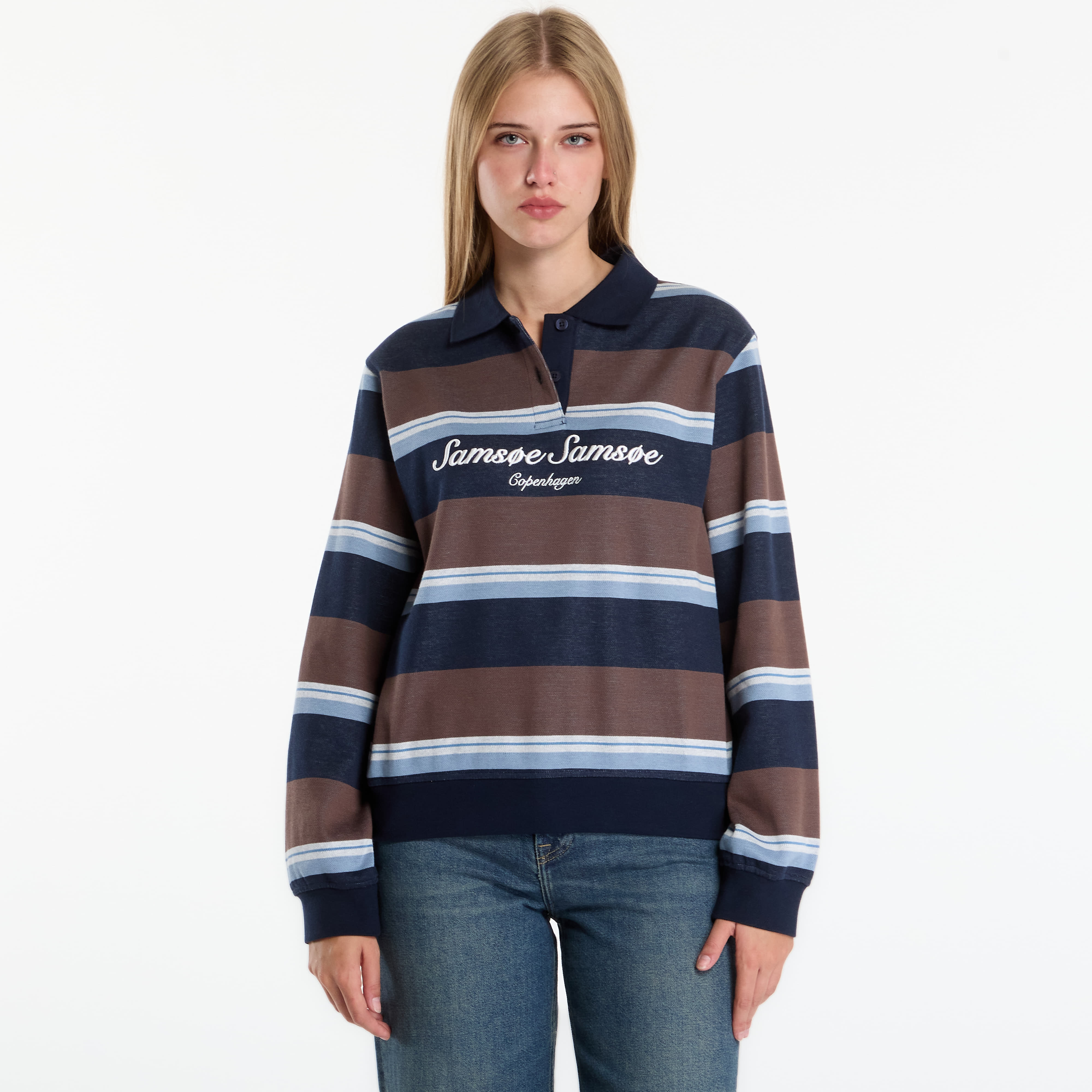 Тениска Samsøe Samsøe Sadory Ls Polo Brown Blue St. M