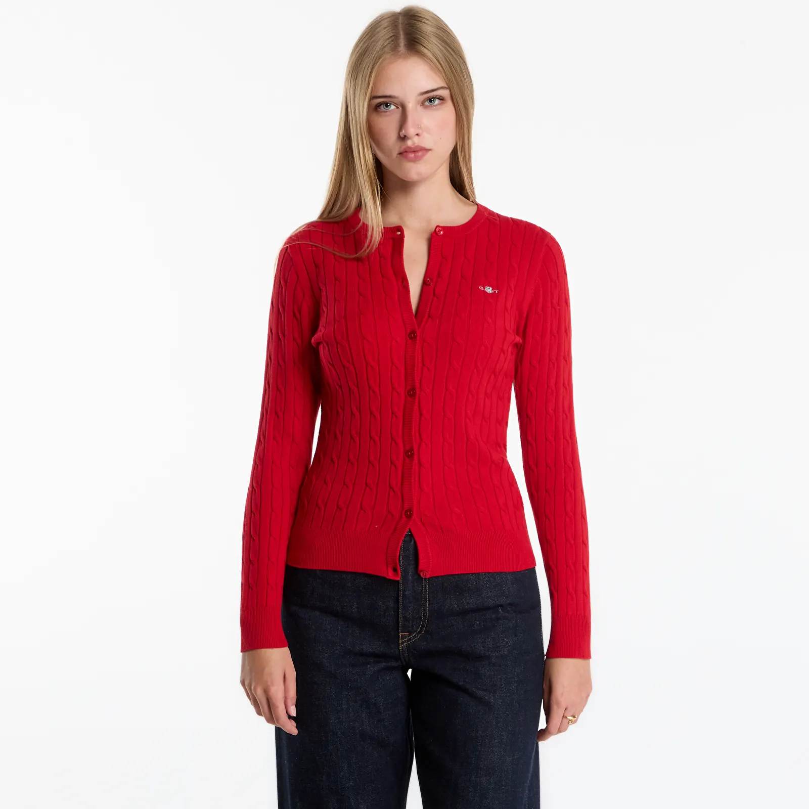Neuletakki Gant Stretch Cotton Cable Cardigan Lipstick Pink