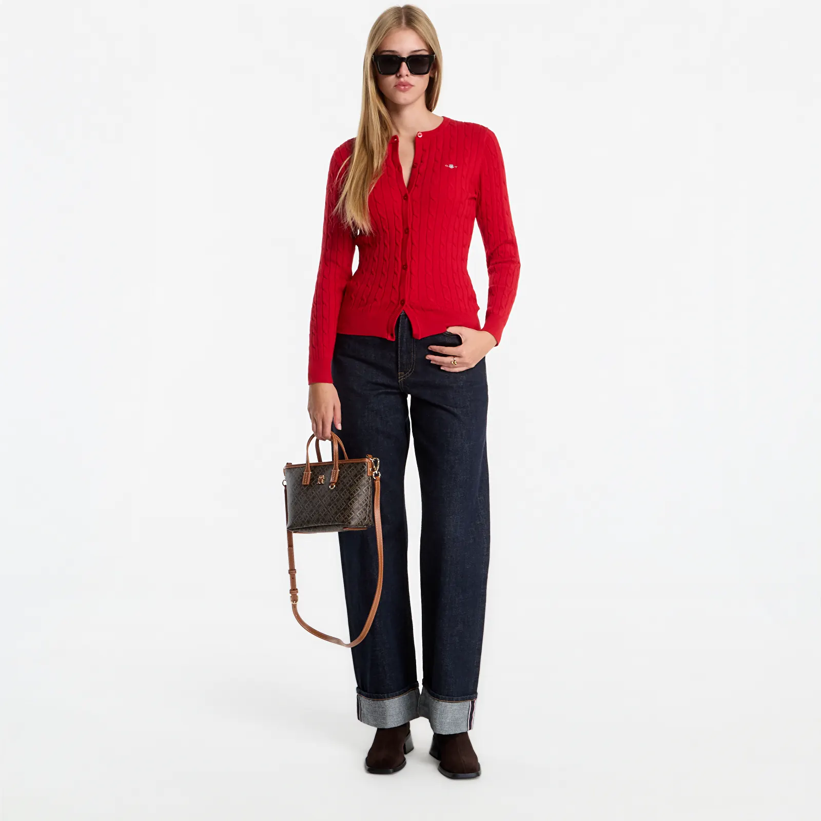 Neuletakki Gant Stretch Cotton Cable Cardigan Lipstick Pink