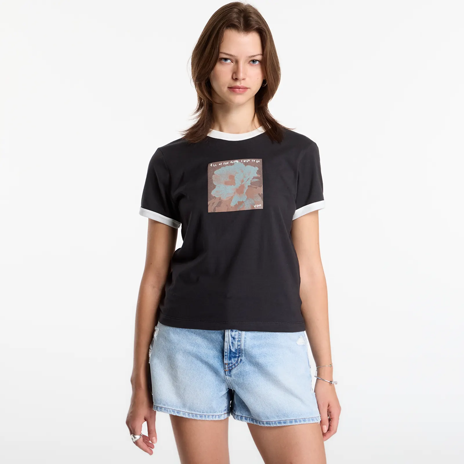 Moteriški marškinėliai Vans Places I Wish To Go Ringer SS Tee Black
