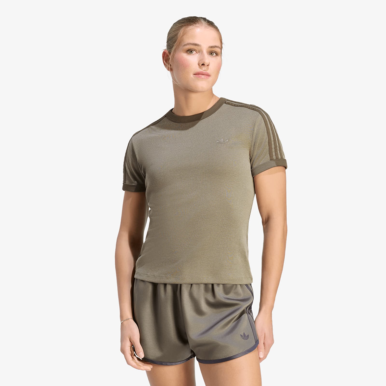 Moteriški marškinėliai adidas Heather 3-Stripes Cali T-Shirt Branch/ Silver Pebble/ Branch