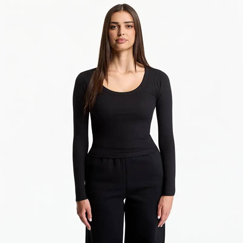 T-shirt Urban Classics Ladies Rib Jersey Wide Neck Longsleeve Black