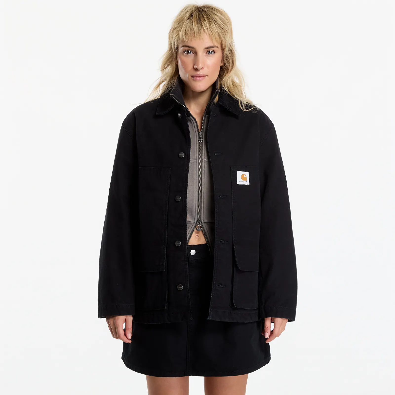 Pánské bundy Carhartt WIP Lander Coat UNISEX Black/ Black Stone Washed