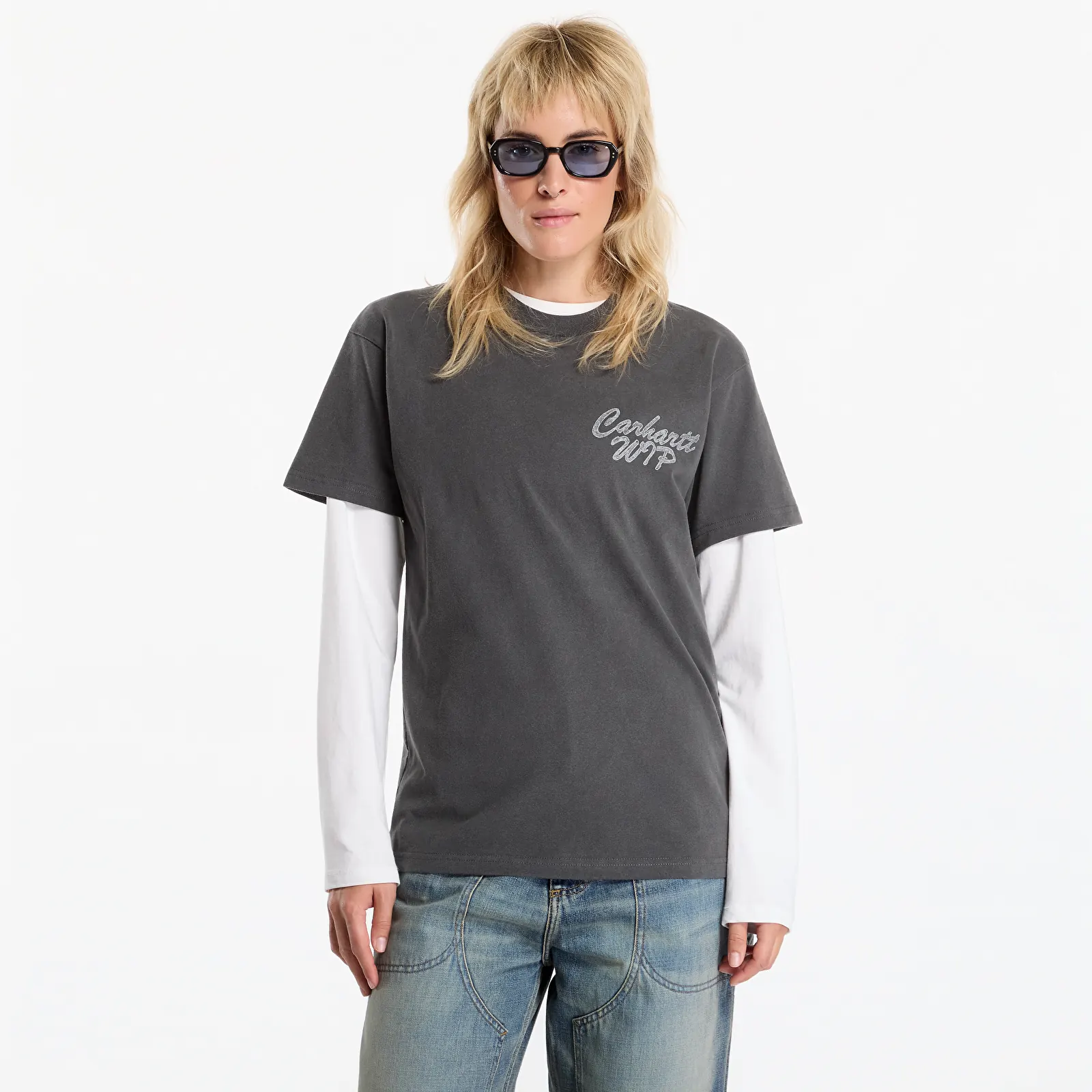 Férfi pólok Carhartt WIP S/S Hatching Script T-Shirt UNISEX Black Garment Dyed