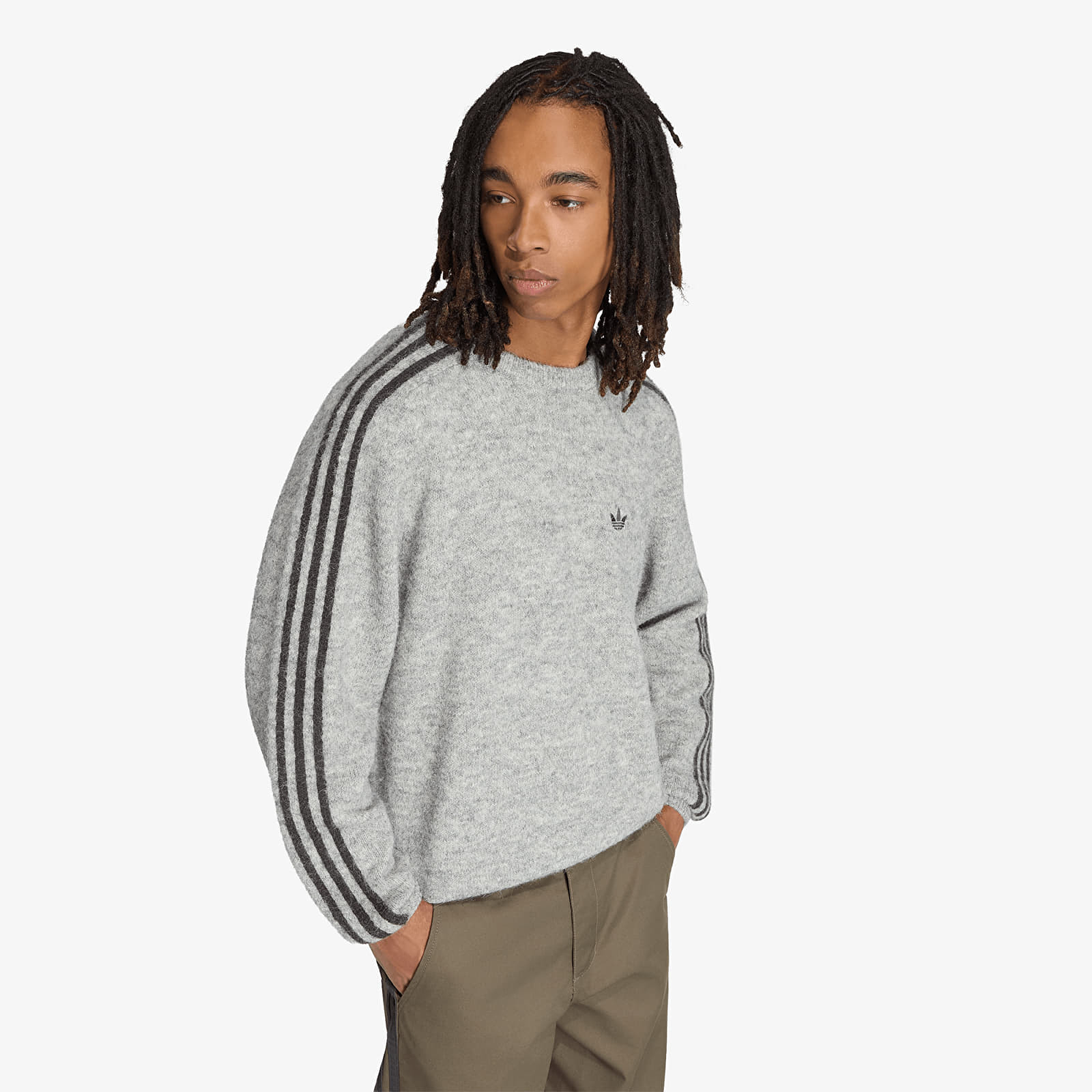 Pulovere pentru bărbați adidas 3-Stripes Fluffy Knit Crew Sweatshirt Medium Grey Heather