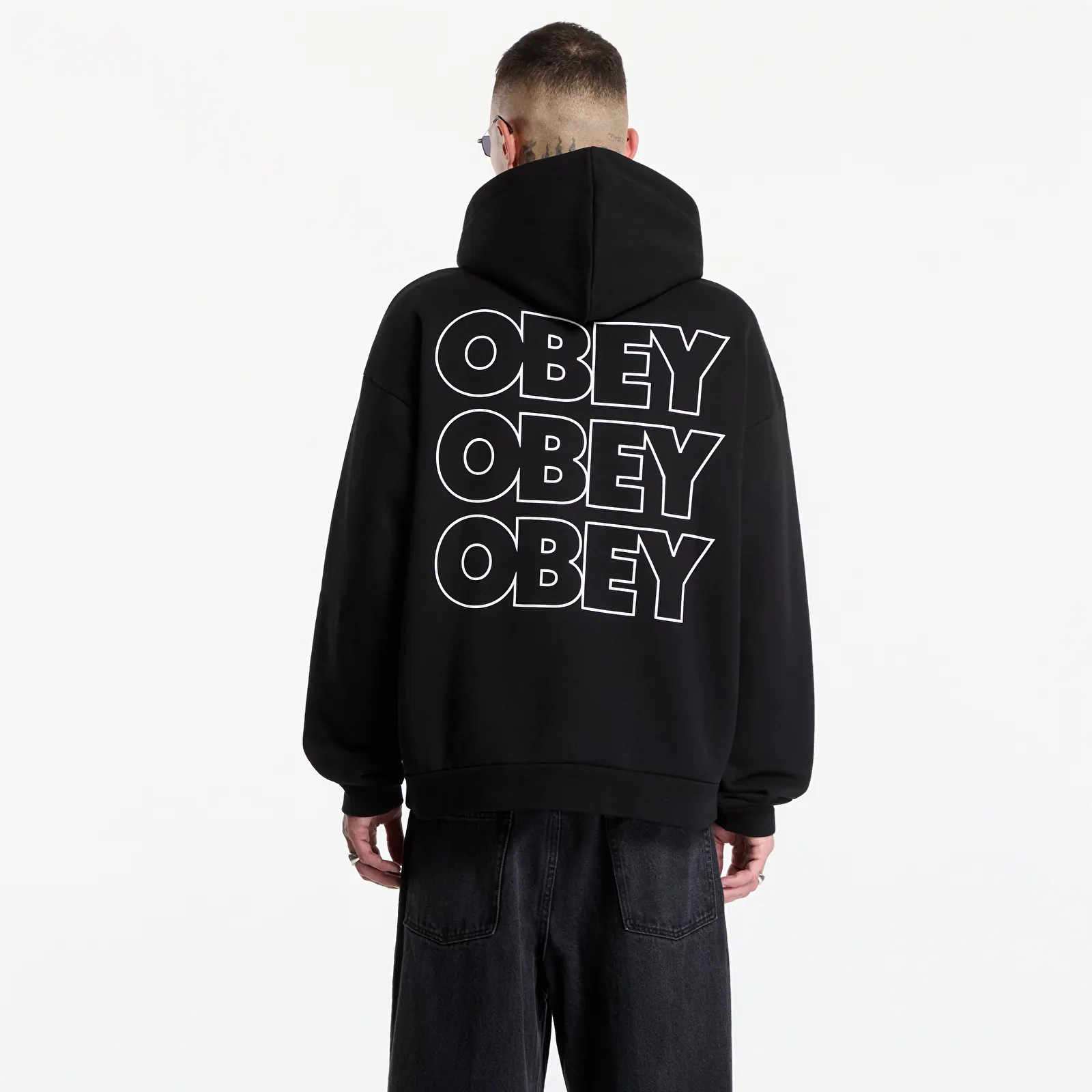 Pánské mikiny Obey Treble Extra Heavy Hood Black