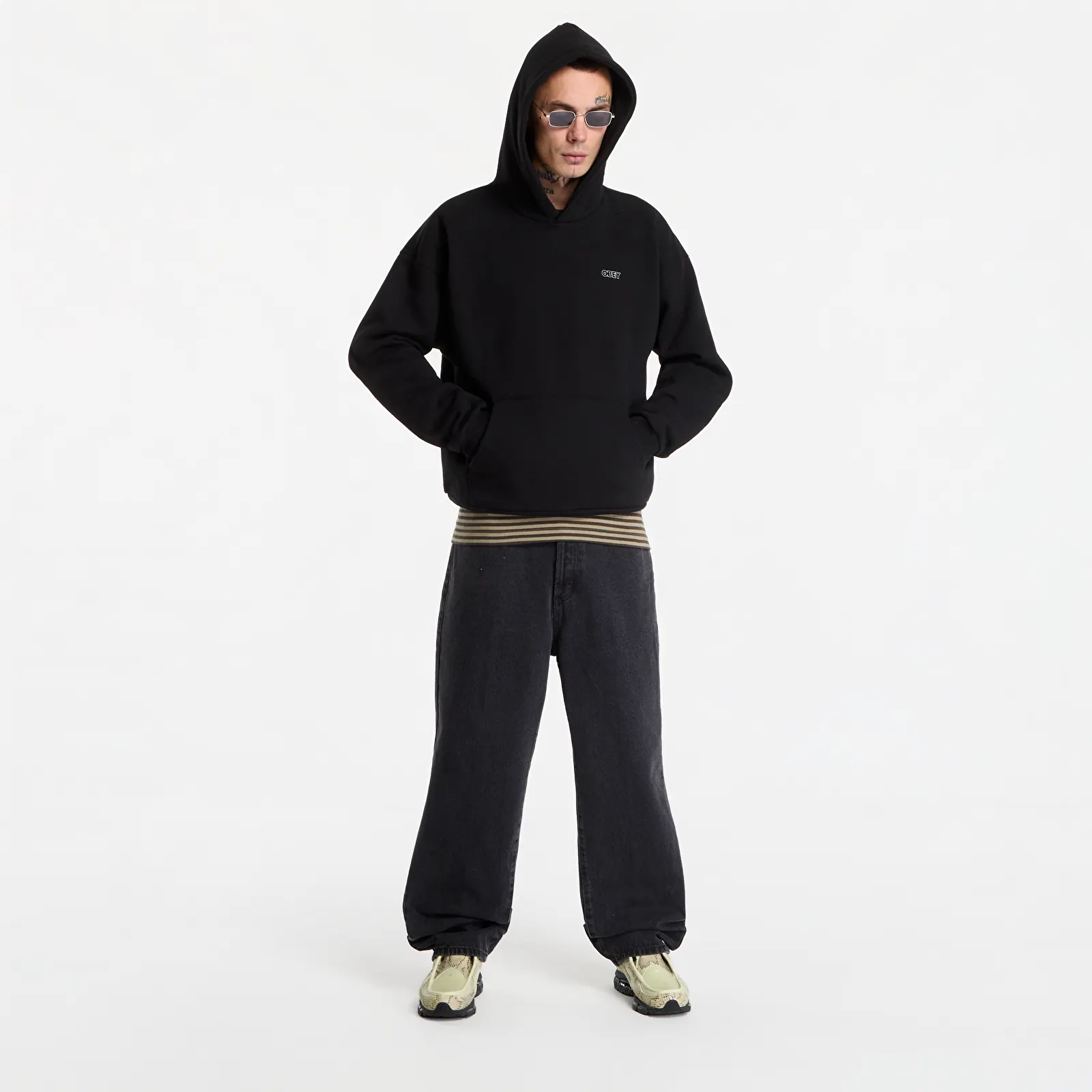 Pánské mikiny Obey Treble Extra Heavy Hood Black