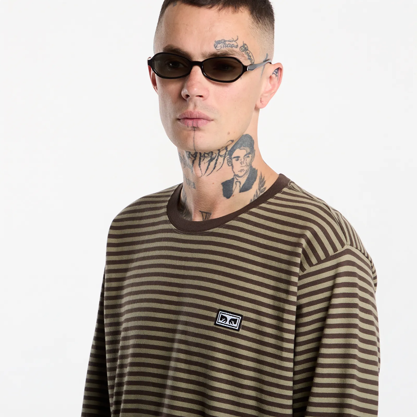 T-skjorter for menn Obey Established Works Eyes Stripe Long Sleeve Black Olive Mulit