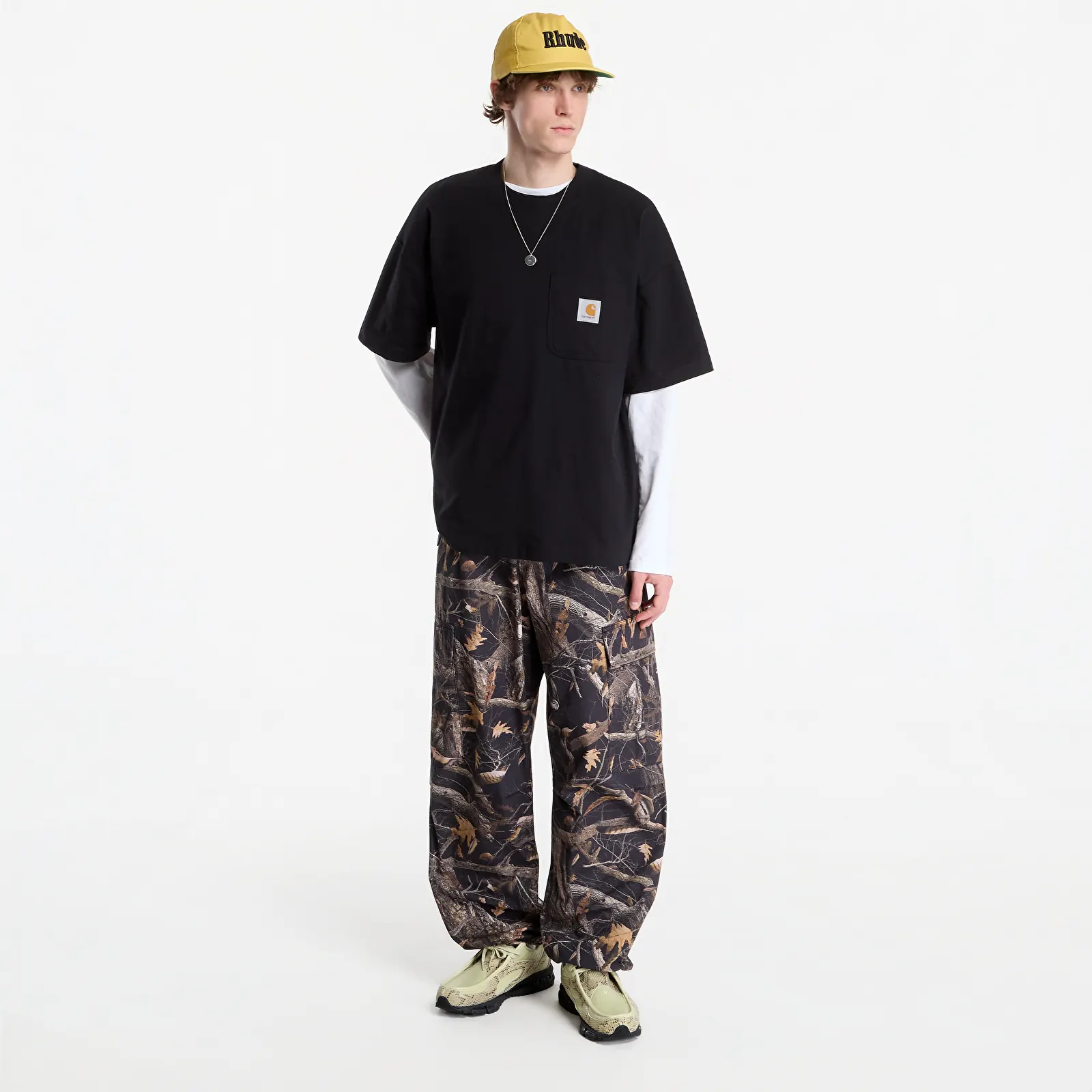 Pánské kalhoty Carhartt WIP Osborn Cargo Pant UNISEX Camo Feather Tree, Black Rinsed