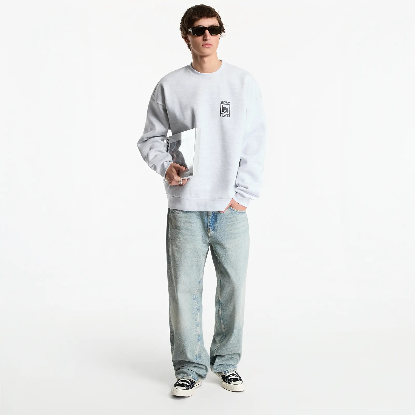 Pánské mikiny Obey Records Extra Heavy Crew Ash Grey
