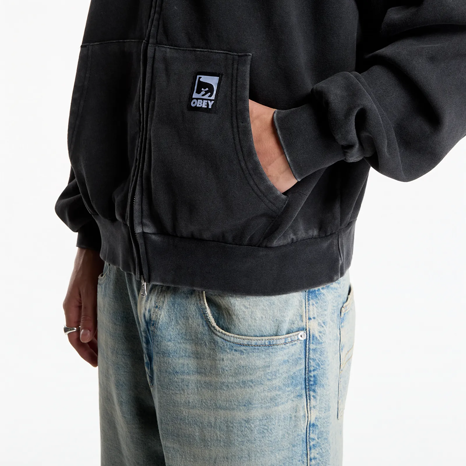 Férfi kapucnis pulcsik Obey Post Zip Hood Dusty Black Limo