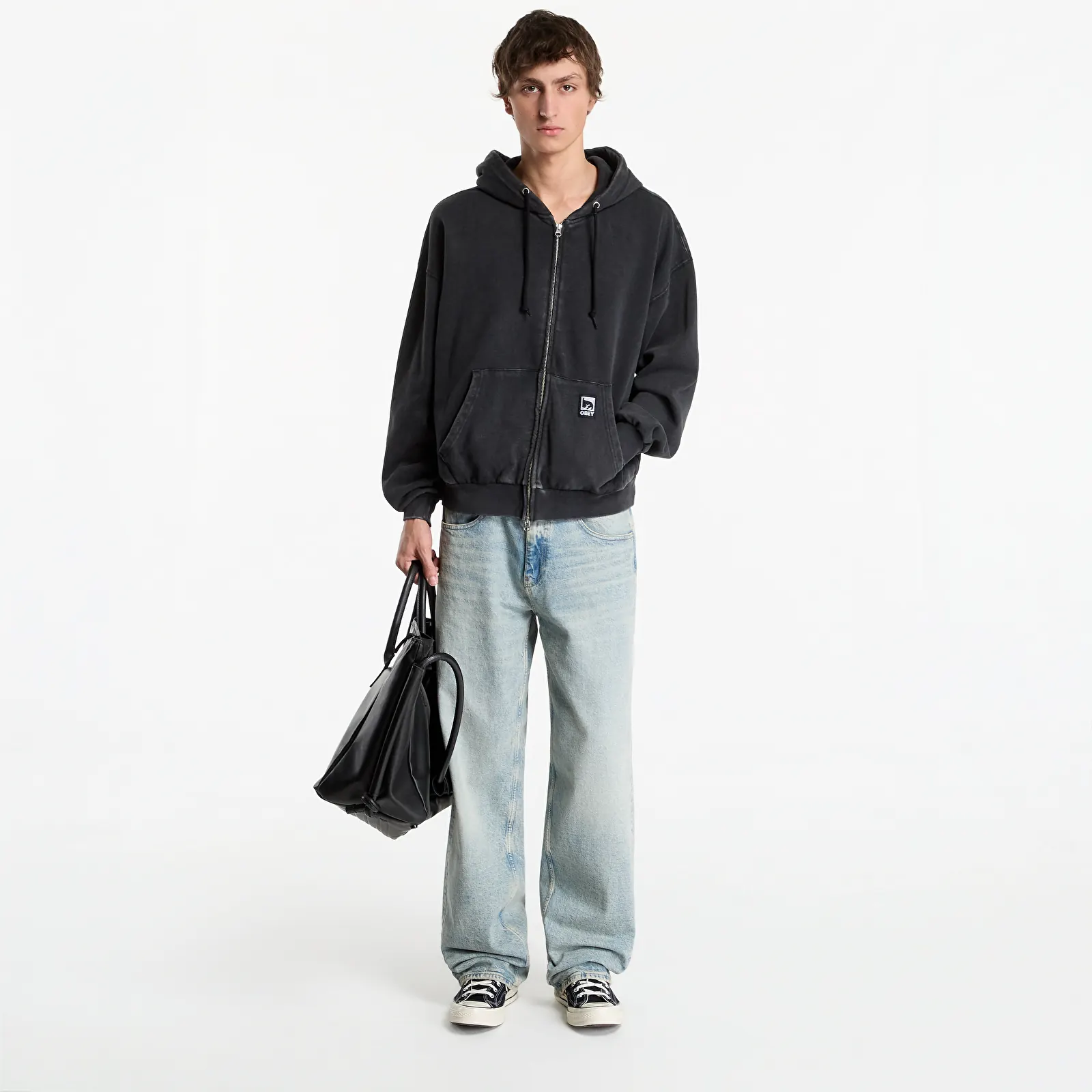 Férfi kapucnis pulcsik Obey Post Zip Hood Dusty Black Limo