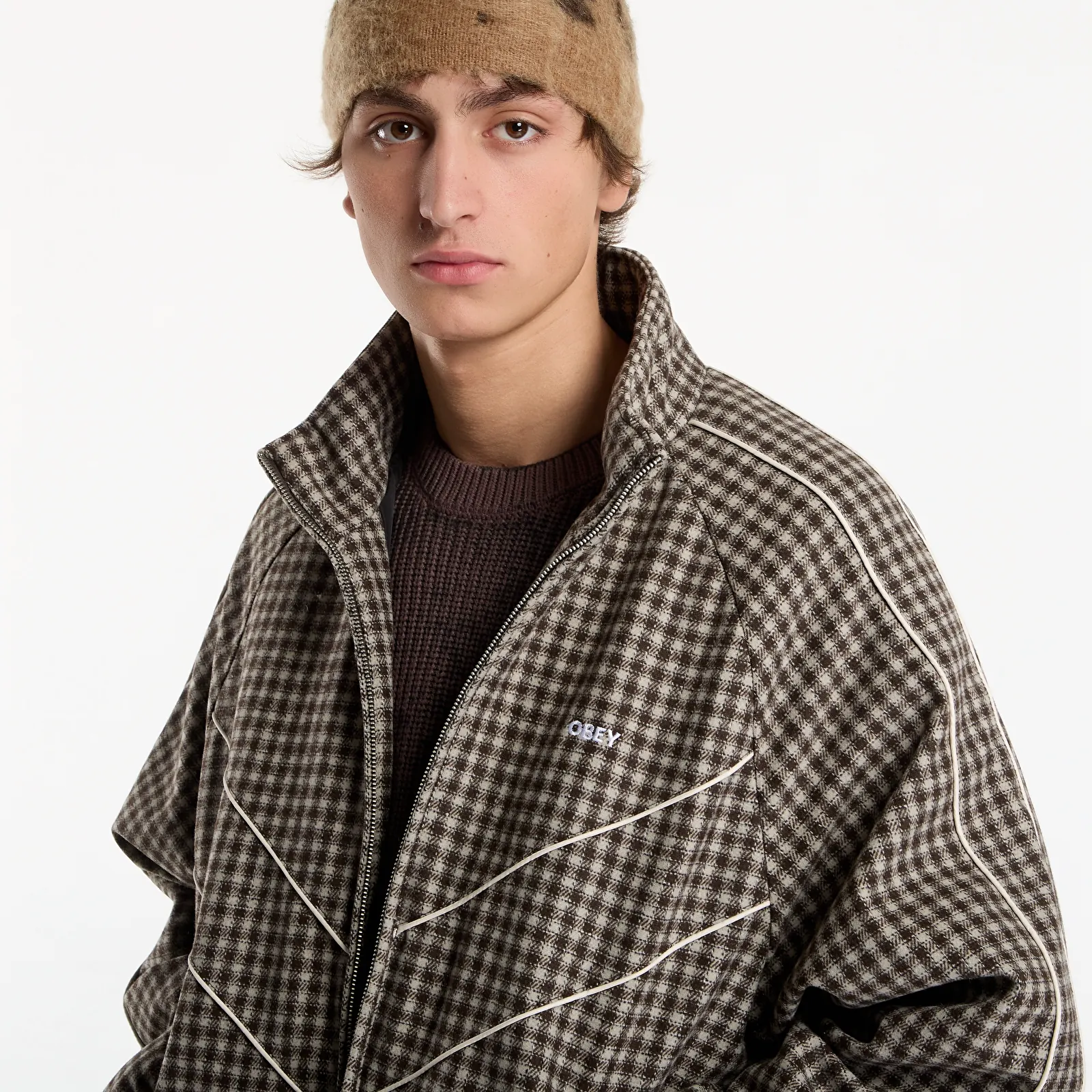Pánské bundy Obey Leisure Training Jacket Abbey Stone Plaid
