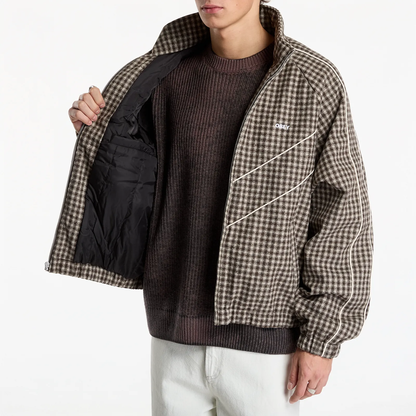 Pánské bundy Obey Leisure Training Jacket Abbey Stone Plaid