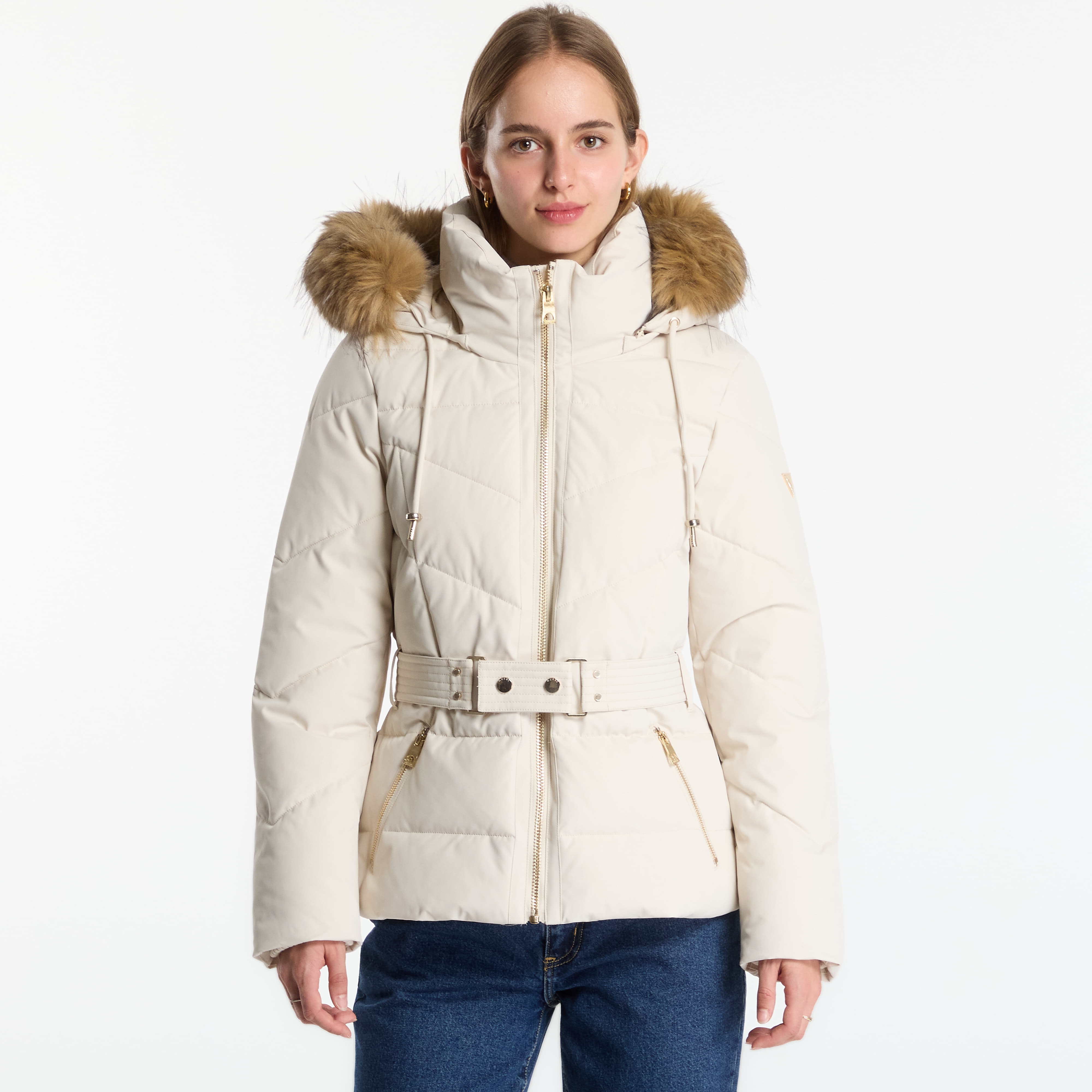 Яке Guess Jeans New Fatema Short Belted Puffer Creme Brulee L