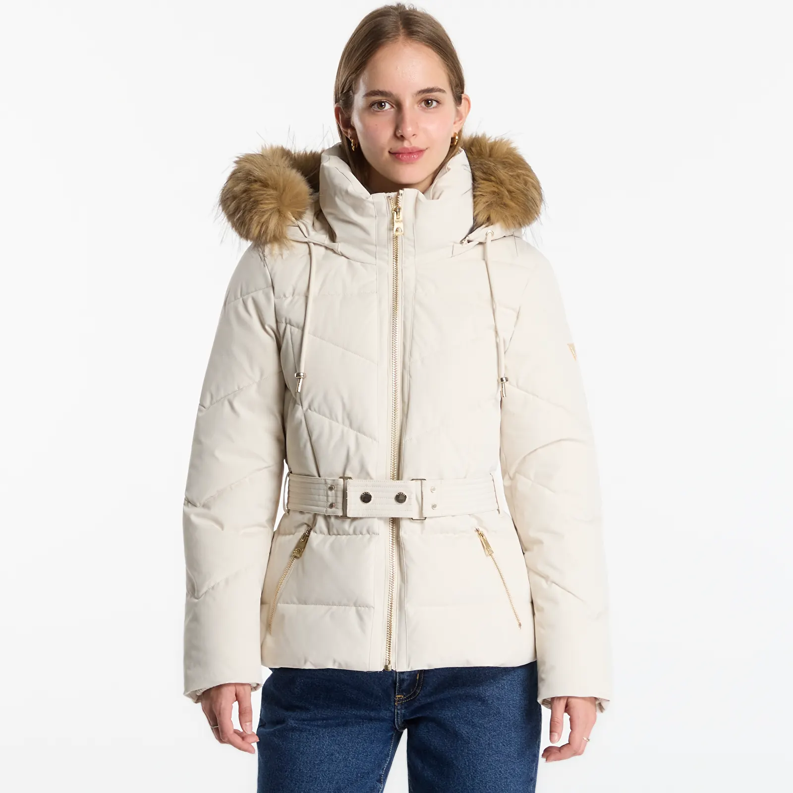 Vestes  Guess Jeans New Fatema Short Belted Puffer Creme Brulee