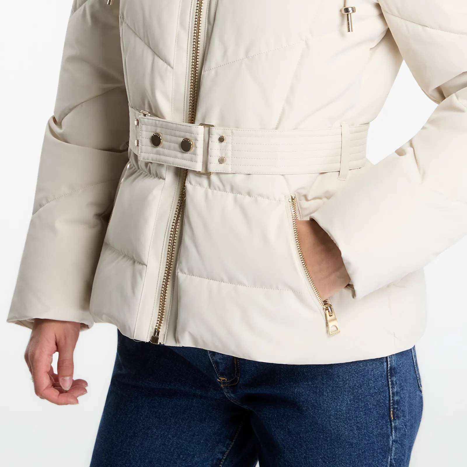 Vestes  Guess Jeans New Fatema Short Belted Puffer Creme Brulee