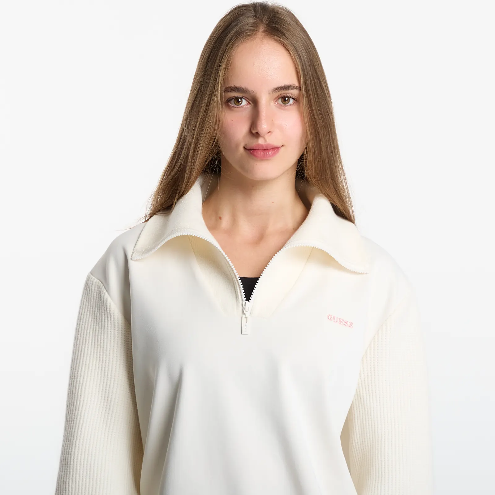 Hanorace Guess Jeans Fabrizia Half-Zip Sweatshirt Cream