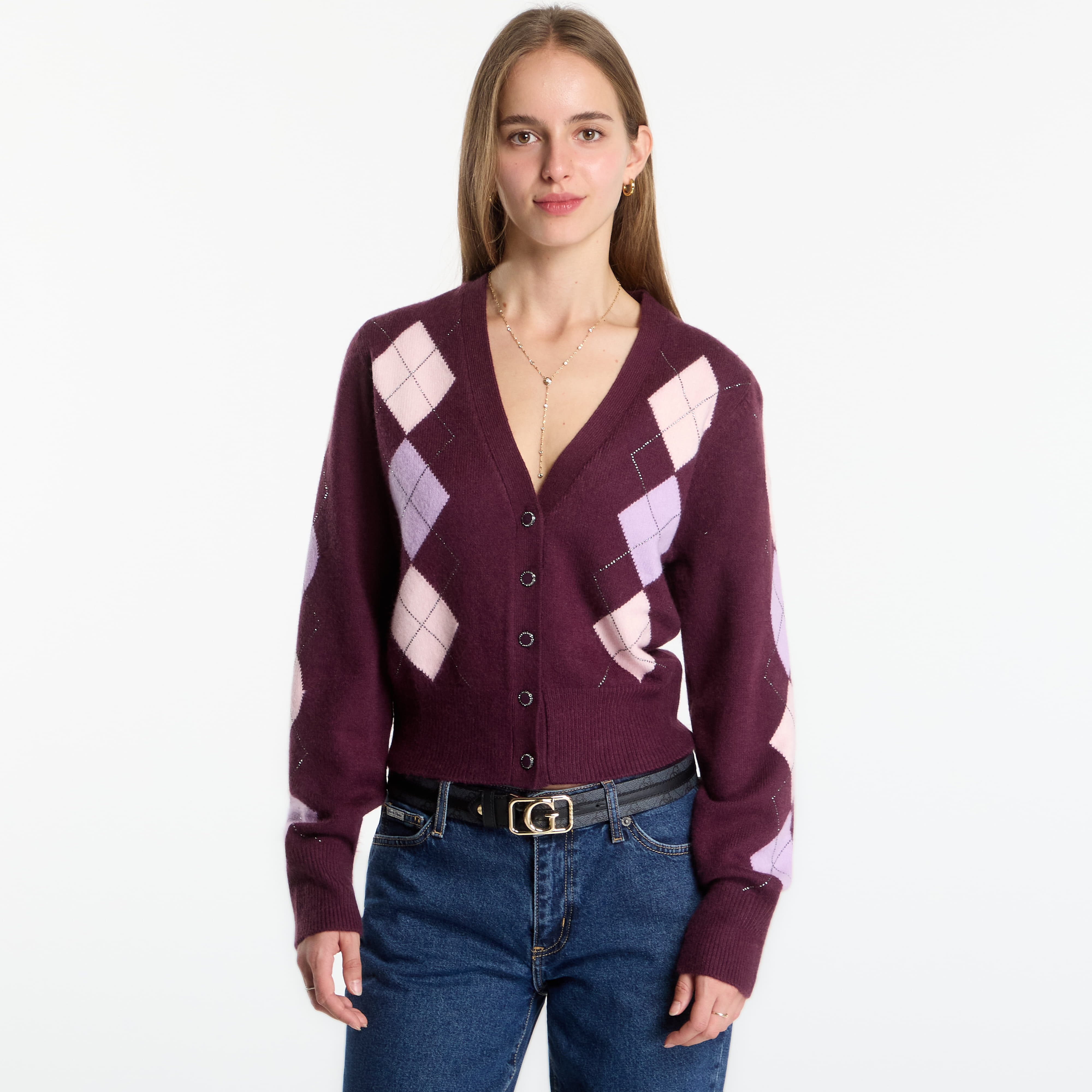 Пуловер Guess Jeans Ls Vn Gracie Argyle Cardi Sweater Burgundy Argyle XS