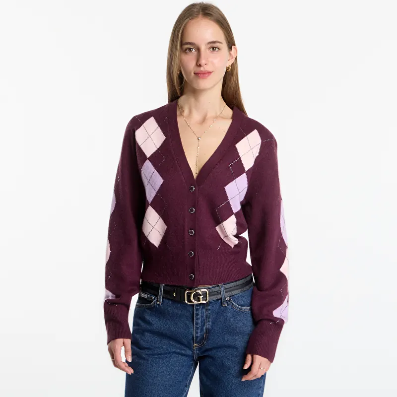 Suéter Guess Jeans Ls Vn Gracie Argyle Cardi Sweater Burgundy Argyle