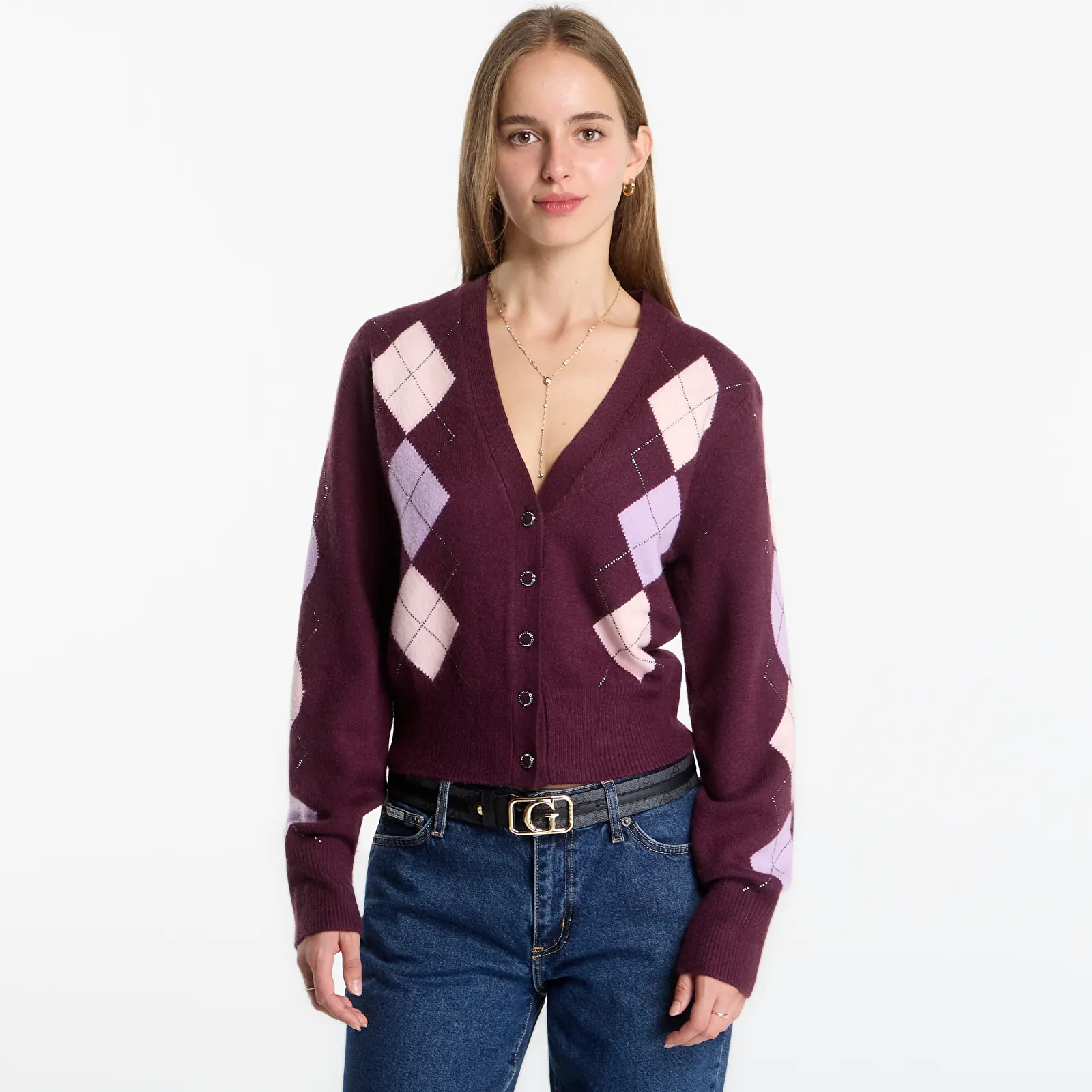 Puloveri Guess Jeans Ls Vn Gracie Argyle Cardi Sweater Burgundy Argyle
