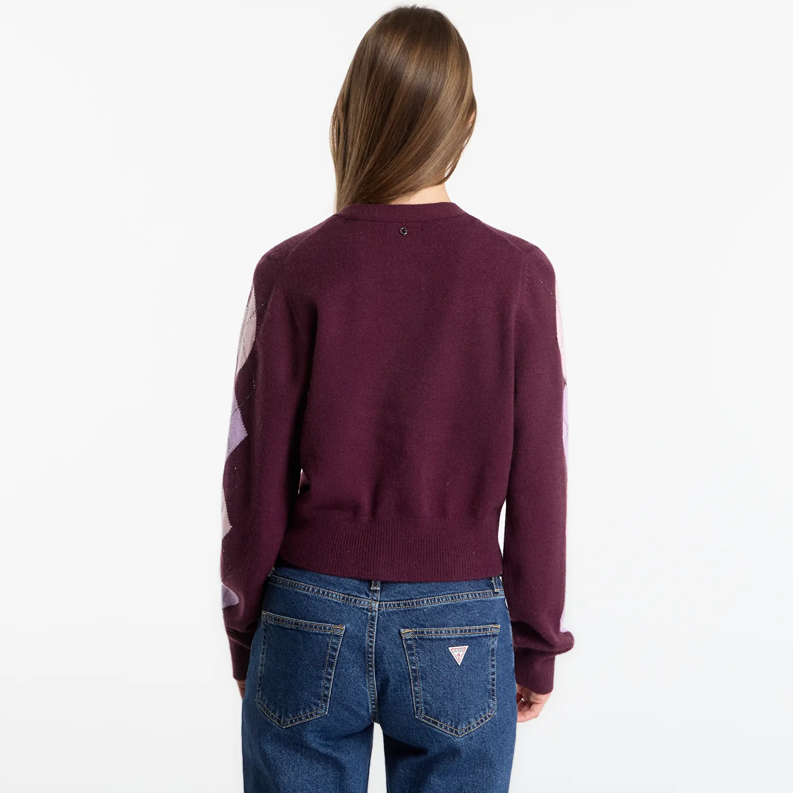 Puloveri Guess Jeans Ls Vn Gracie Argyle Cardi Sweater Burgundy Argyle