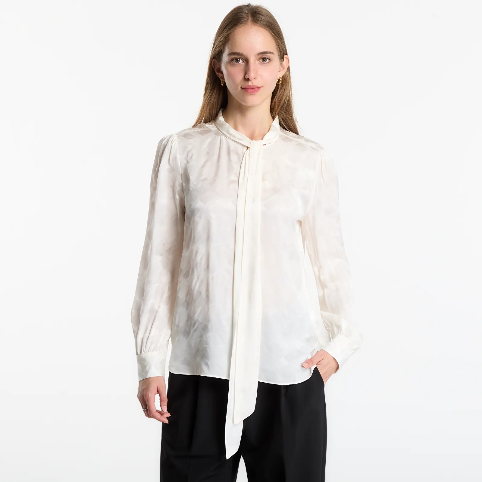Krekli Tommy Hilfiger Fluid Jacquard Tie Detail Shirt Ivory Silk