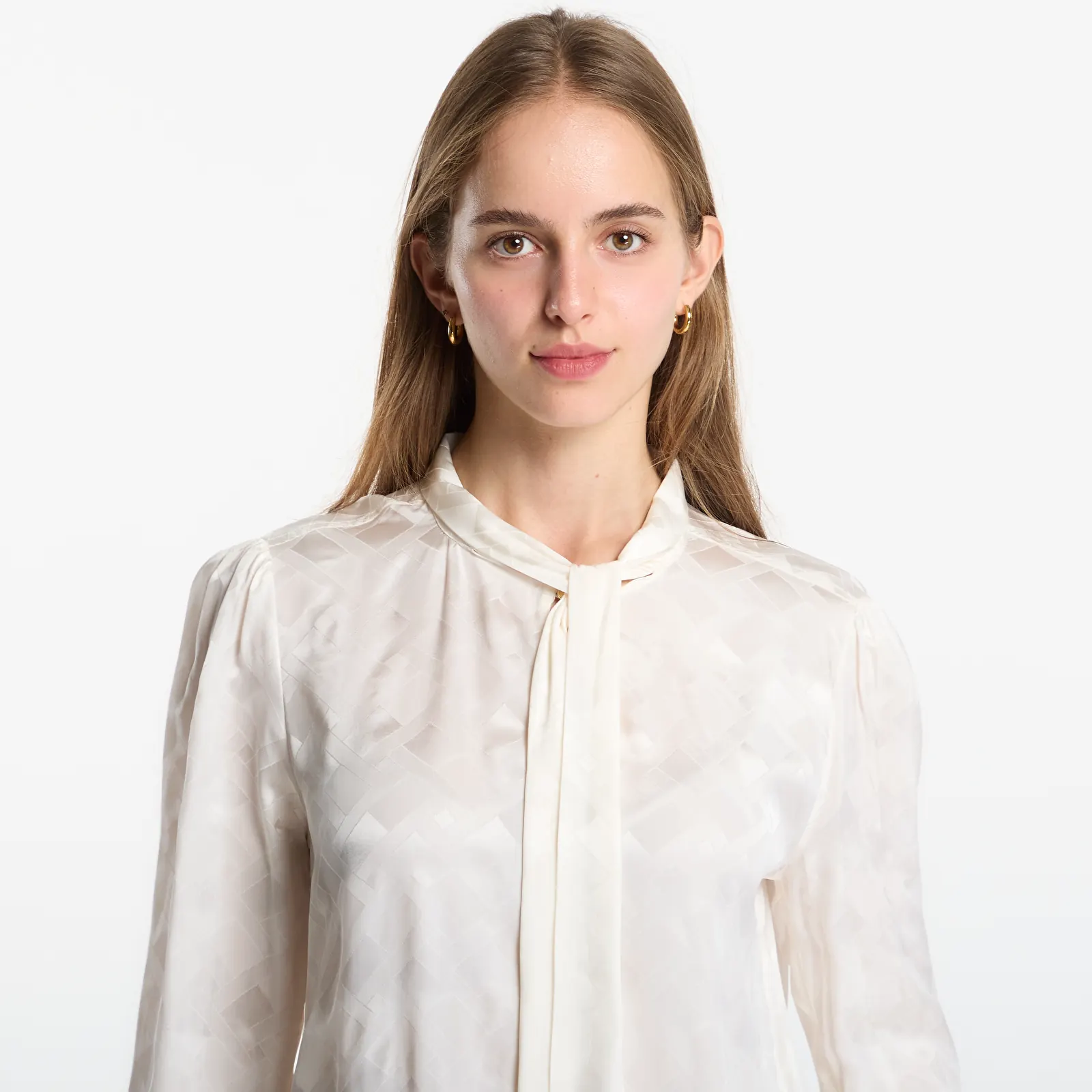Krekli Tommy Hilfiger Fluid Jacquard Tie Detail Shirt Ivory Silk