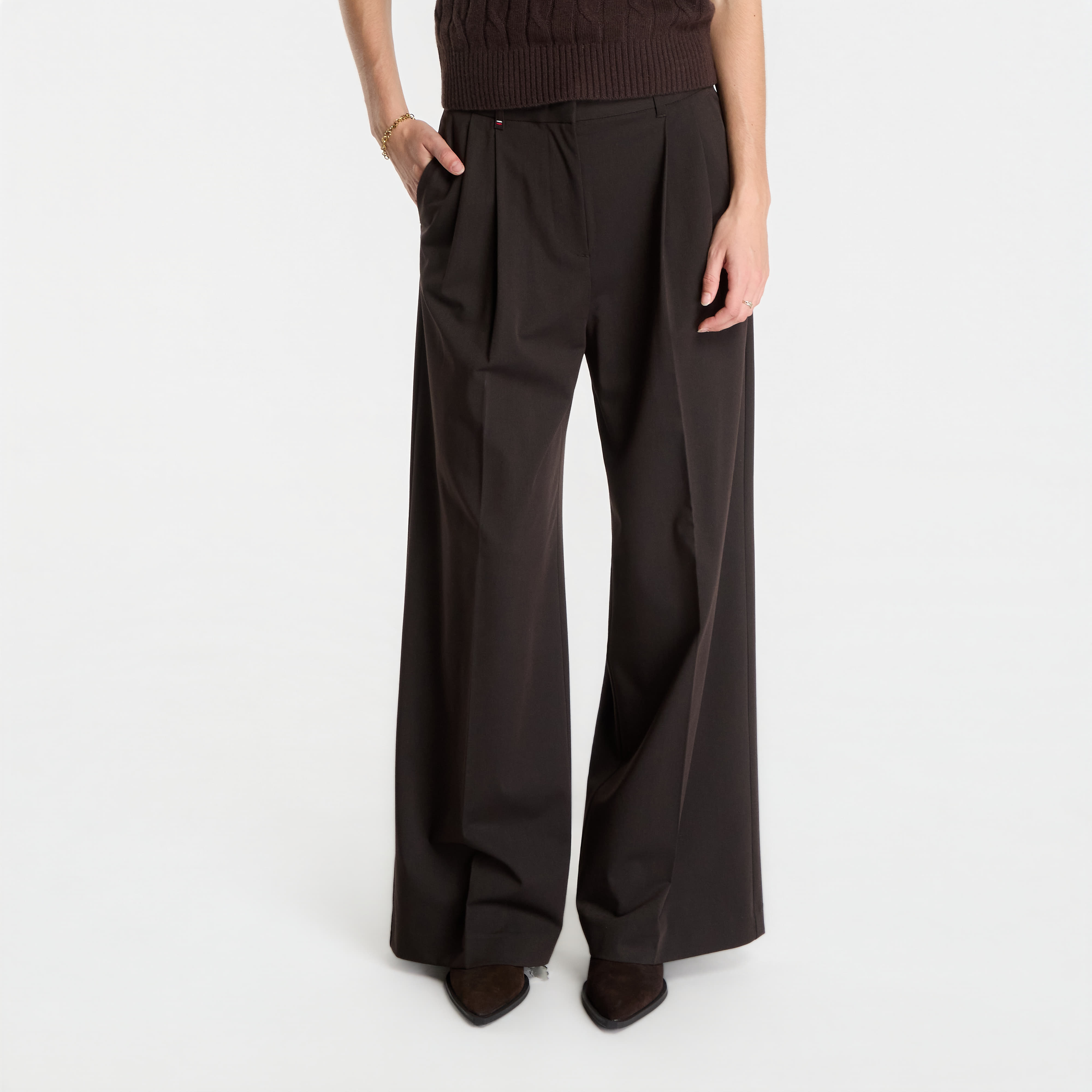 Kalhoty Tommy Hilfiger Viscose Blend Wide Leg Chocolate 36