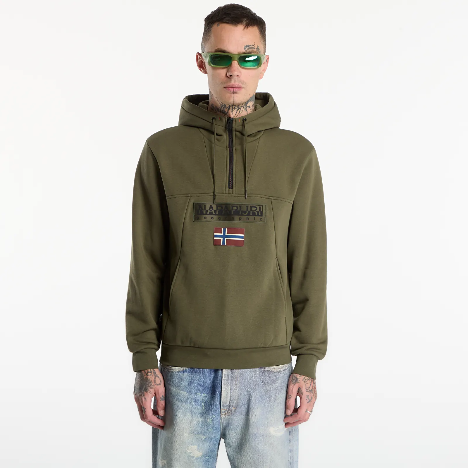 Gensere for menn Napapijri Burgee Half-Zip Hoodie 2.0 Olive Night