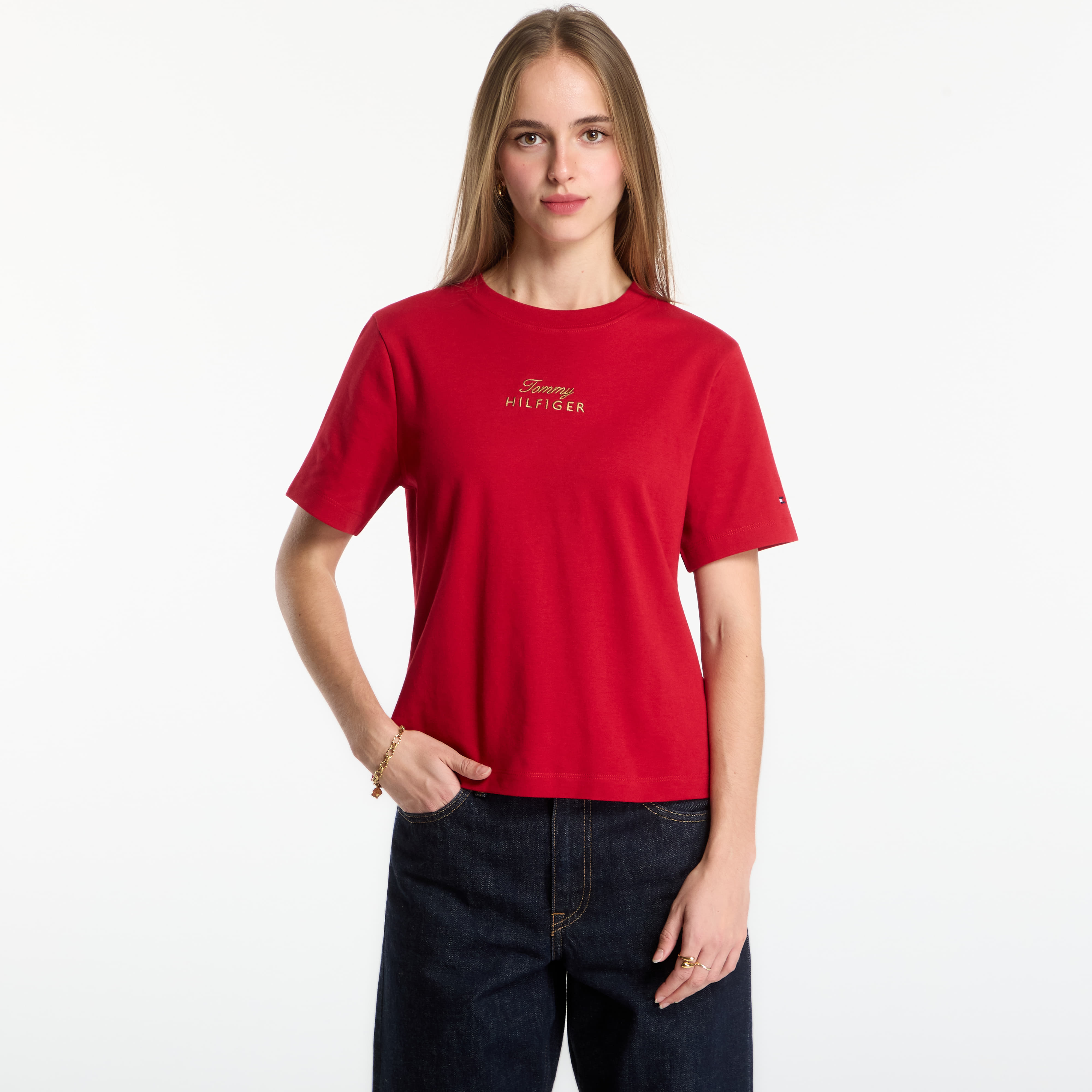 Тениска Tommy Hilfiger Gold Script Mdrn C-Nk S/S Tee Medium Red M
