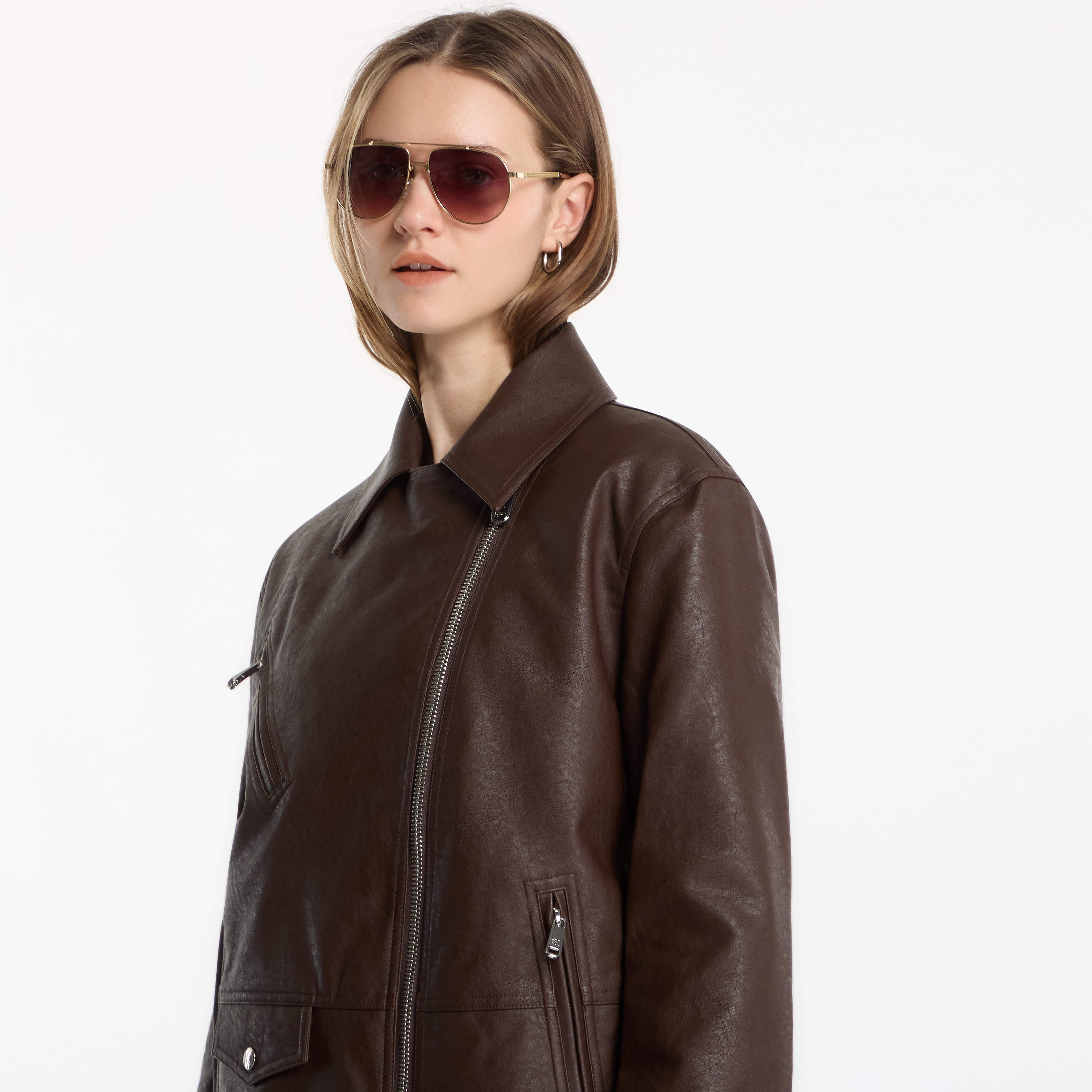Μπουφάν Calvin Klein Jeans Faux Leather Moto Brown Cork S