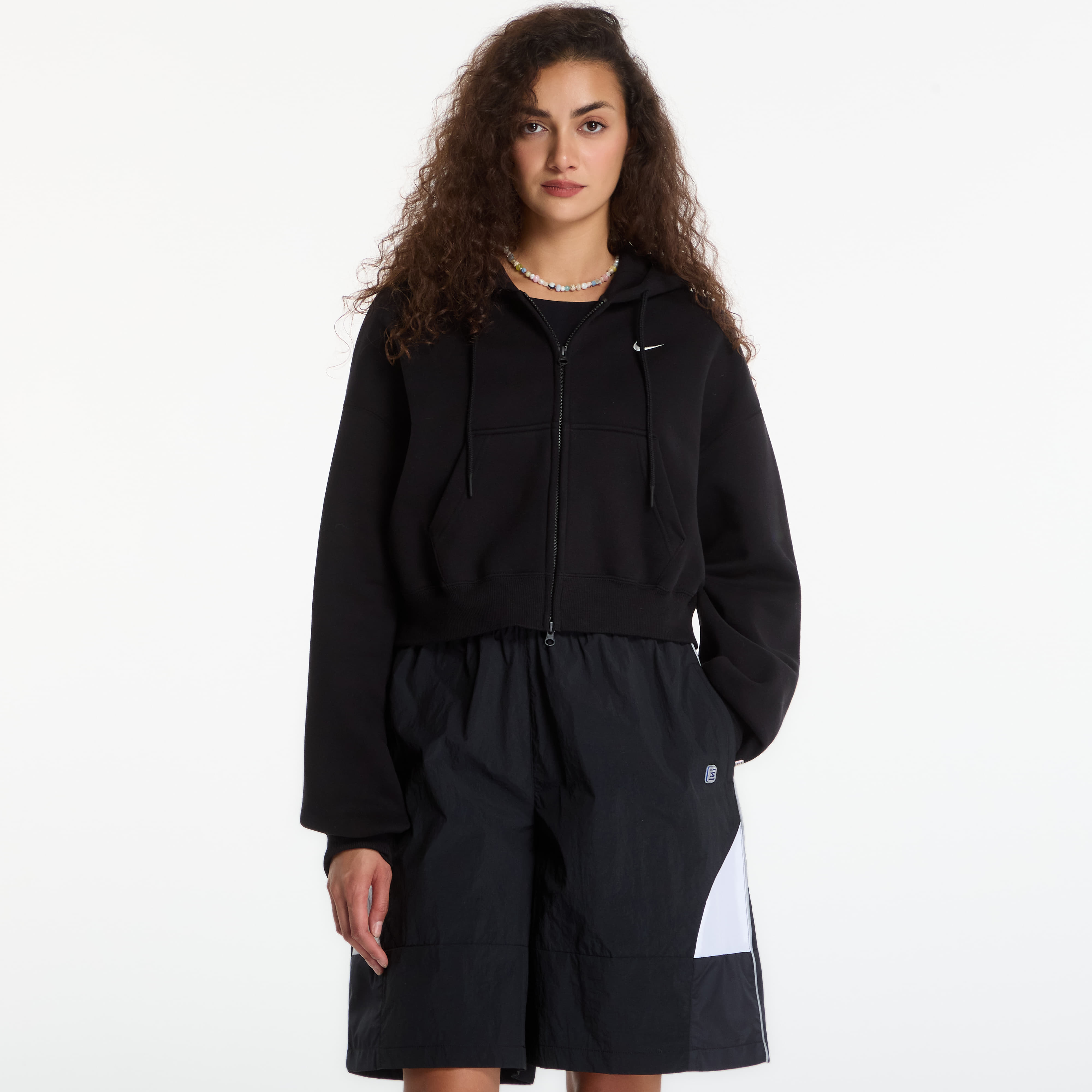 Суитшърт Nike Studio Fleece Medium Weight Women's Oversized Full-Zip Cropped Hoodie Total Black/ Sail S