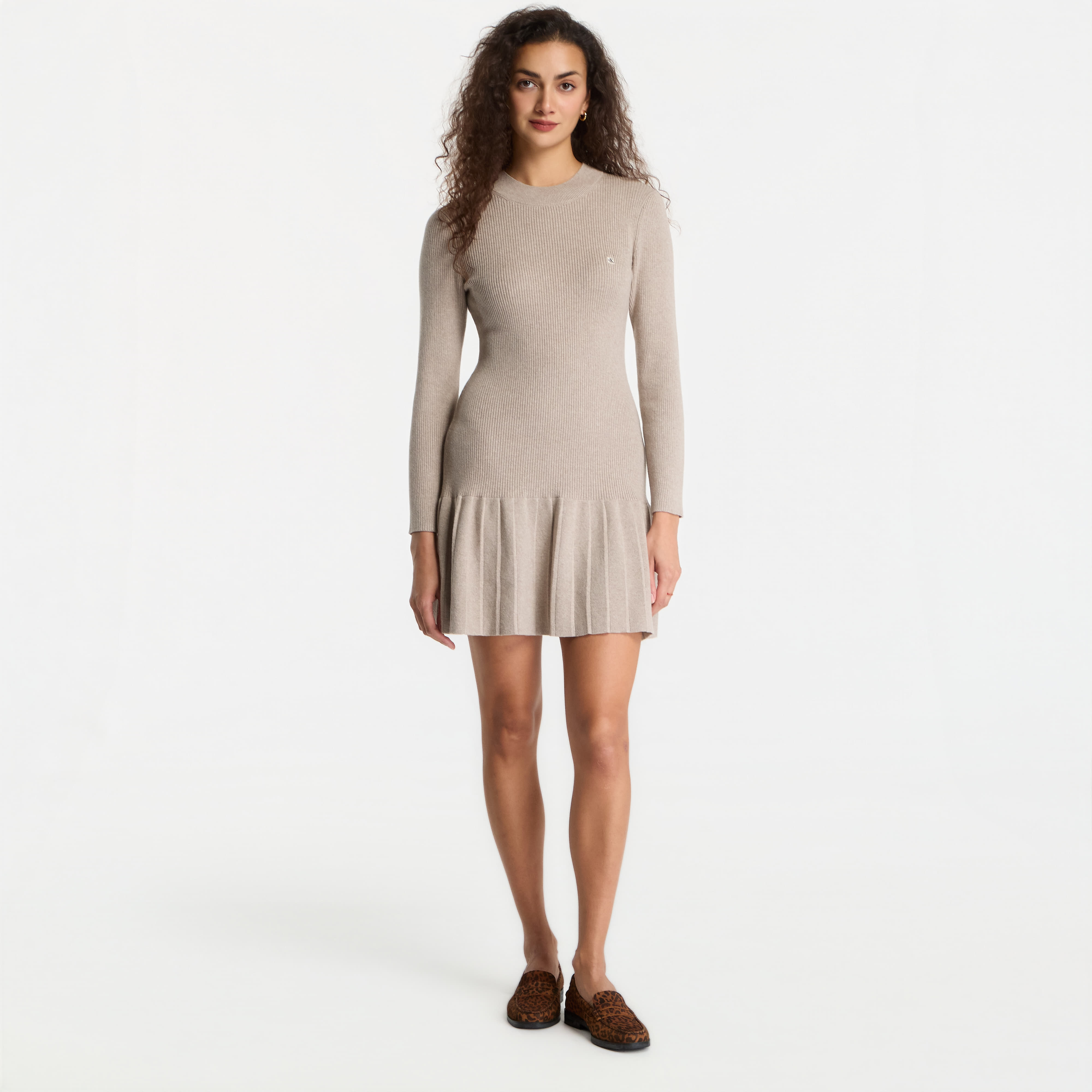 Облекло Calvin Klein Jeans Mockneck Ls Minidress Oatmeal Melange S