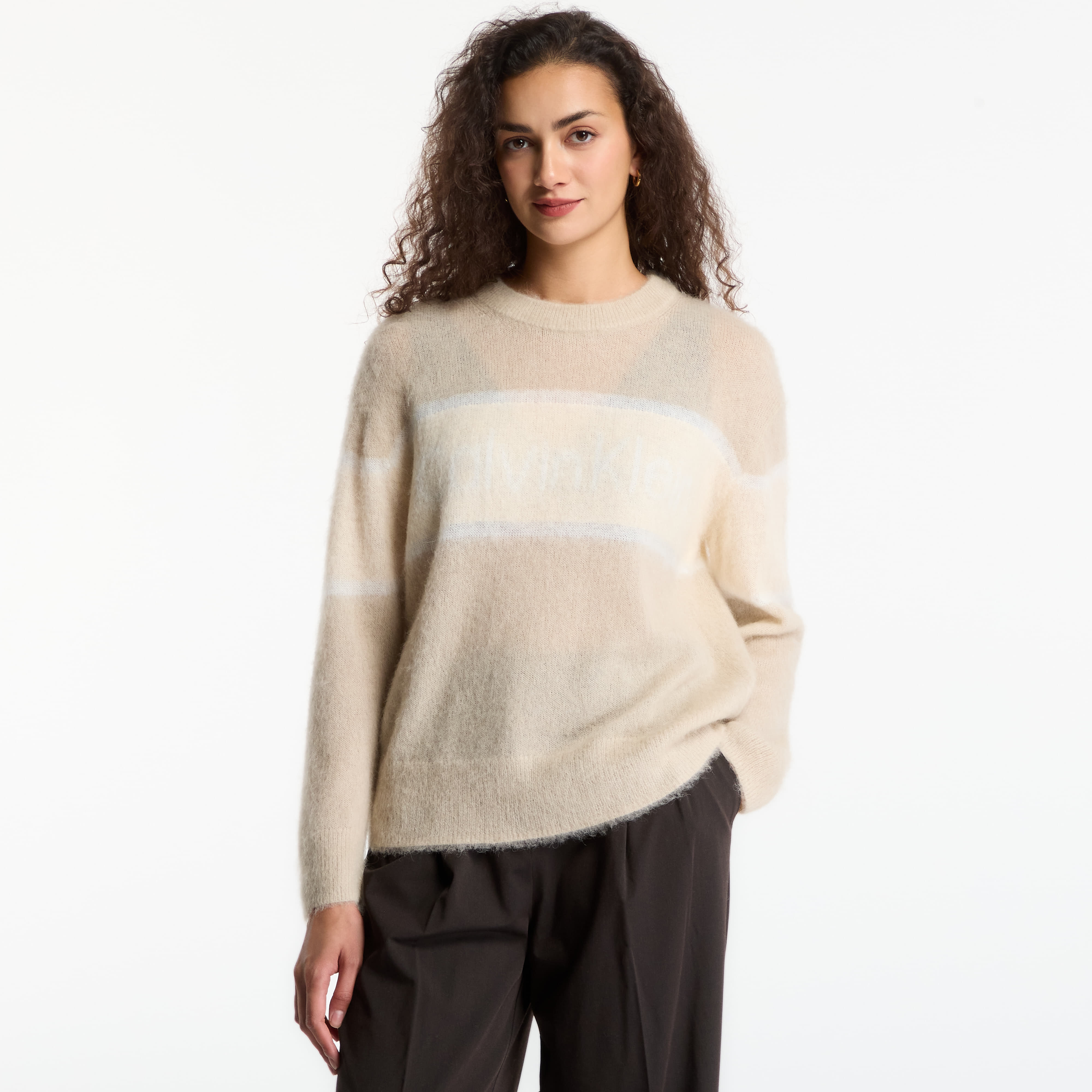 Svetr Calvin Klein Jeans Brushed Alpaca Stripe Logo Sweat White Pepper XS
