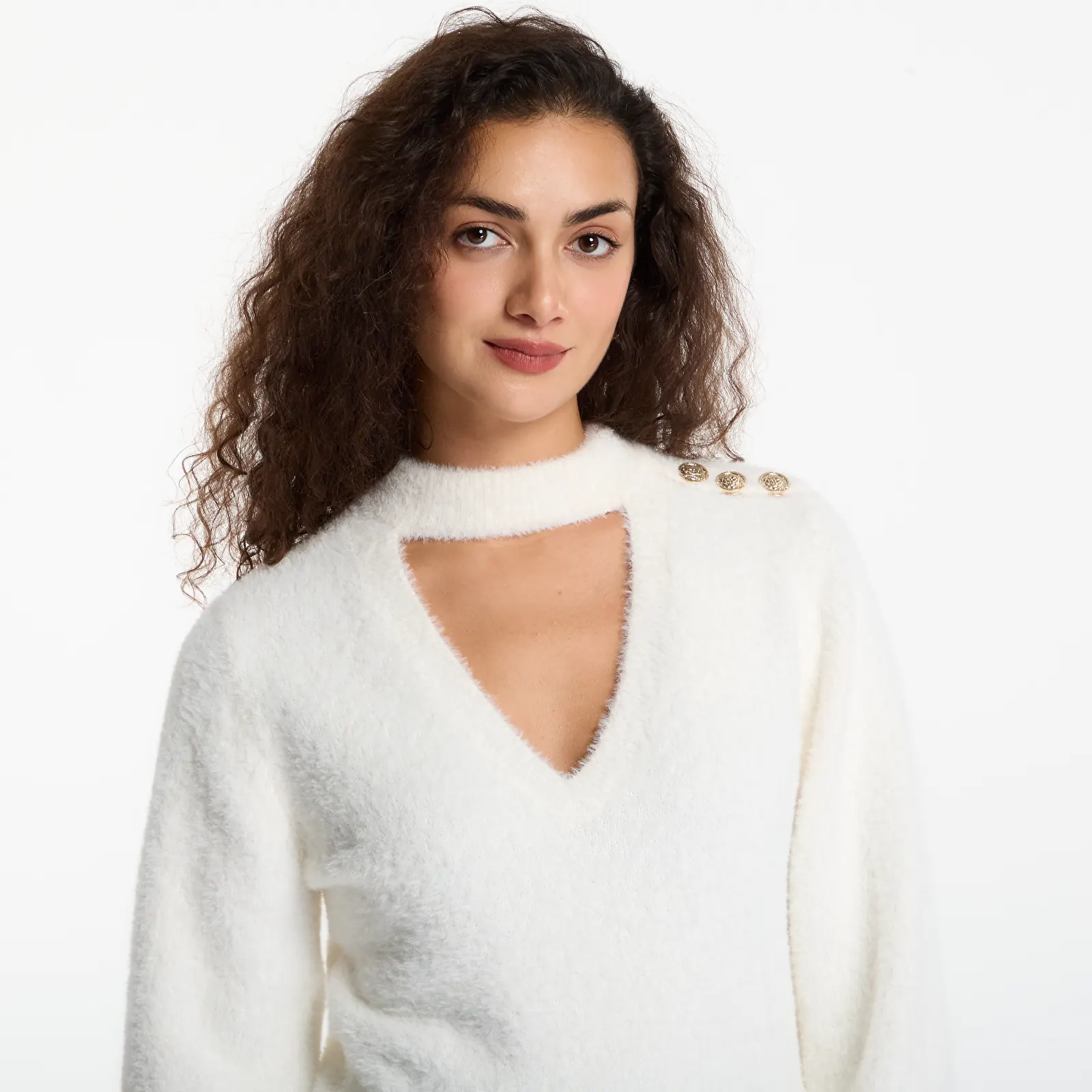 Puloveri GUESS Ls Chocker Jaycee Sweater Cream White