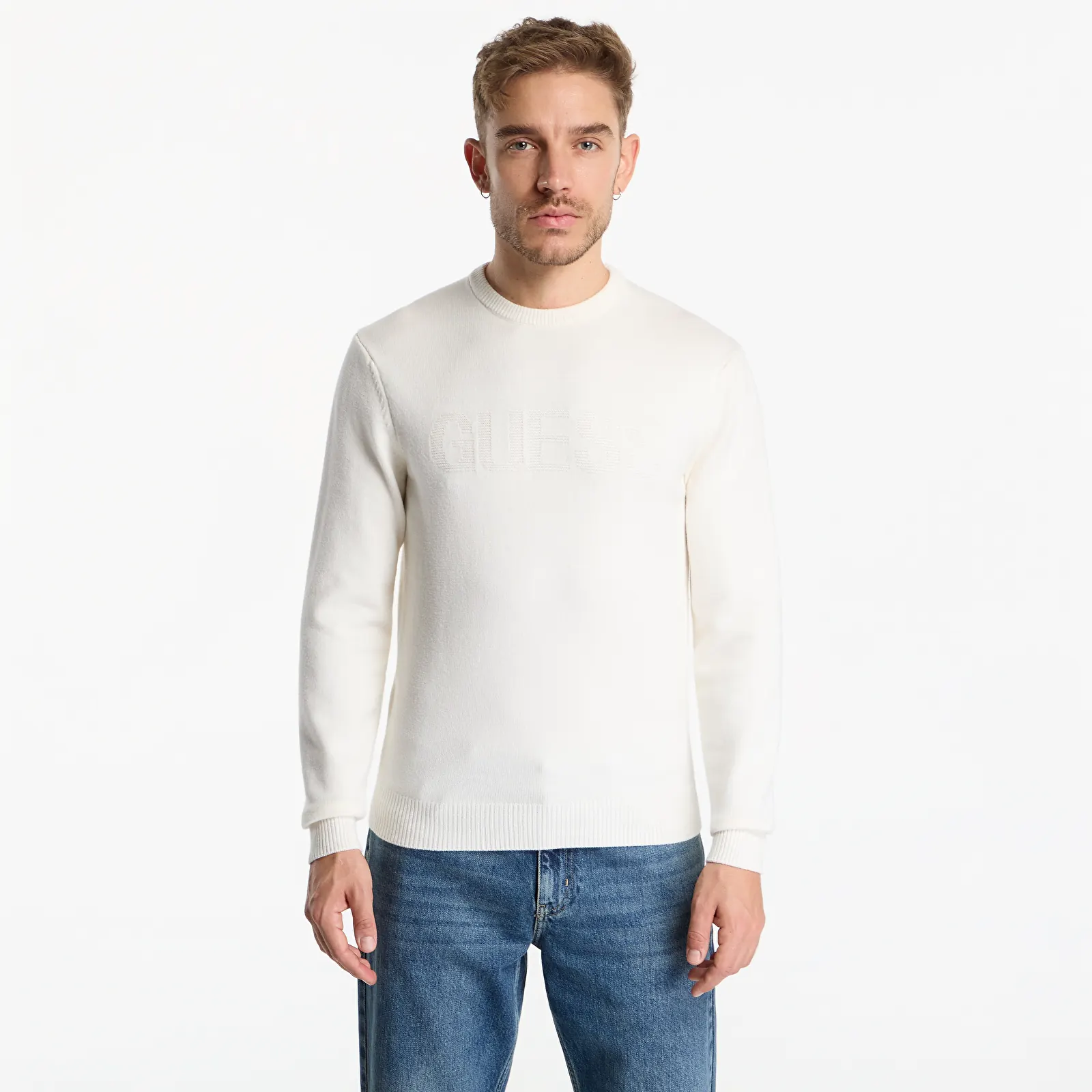 Pleteni puloverji  Guess Jeans Noburo Cn Logo Reverse Ls Sweater Beige Linen