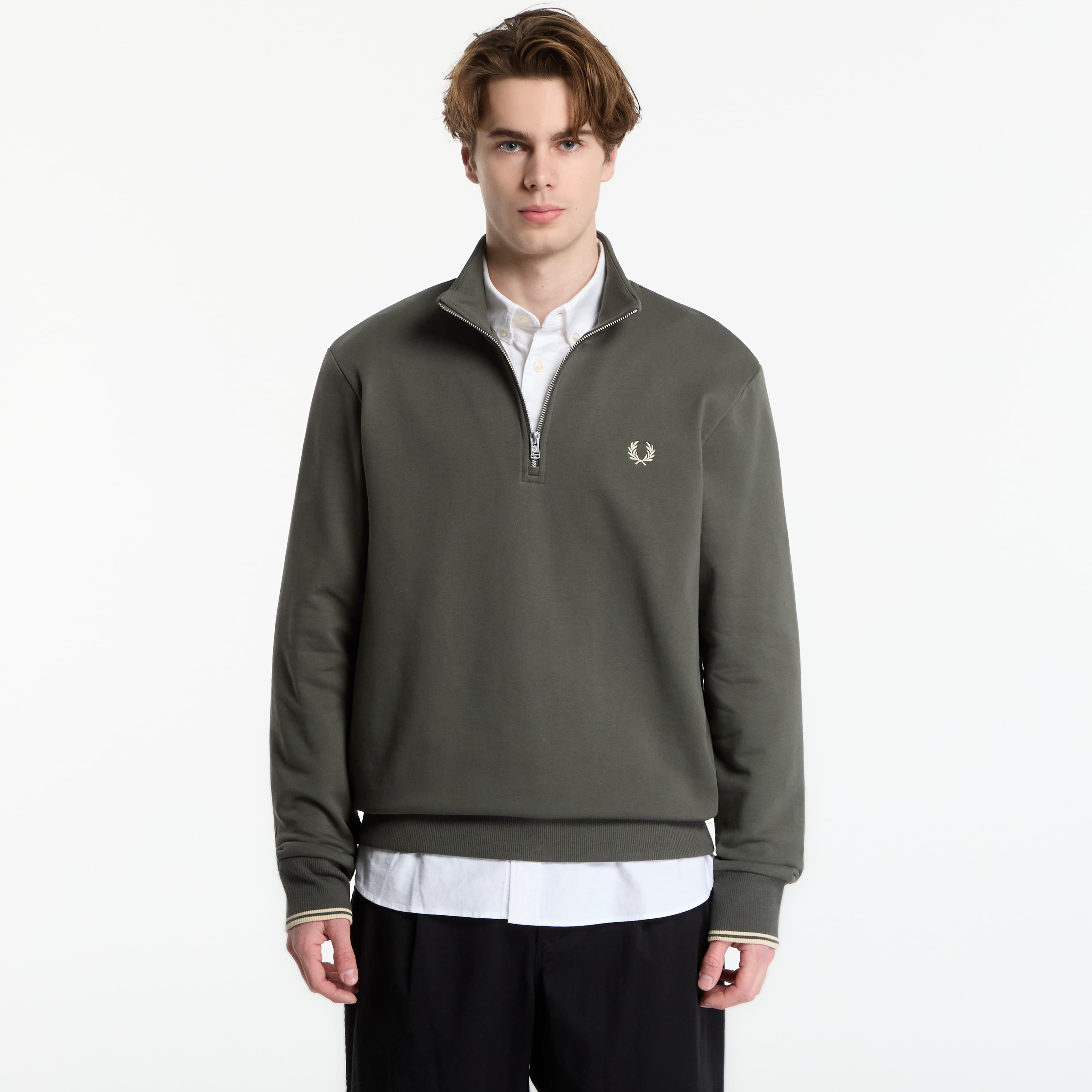 FRED PERRY Mikina FRED PERRY Half Zip Sweatshirt Field Green/ Oat Meal M