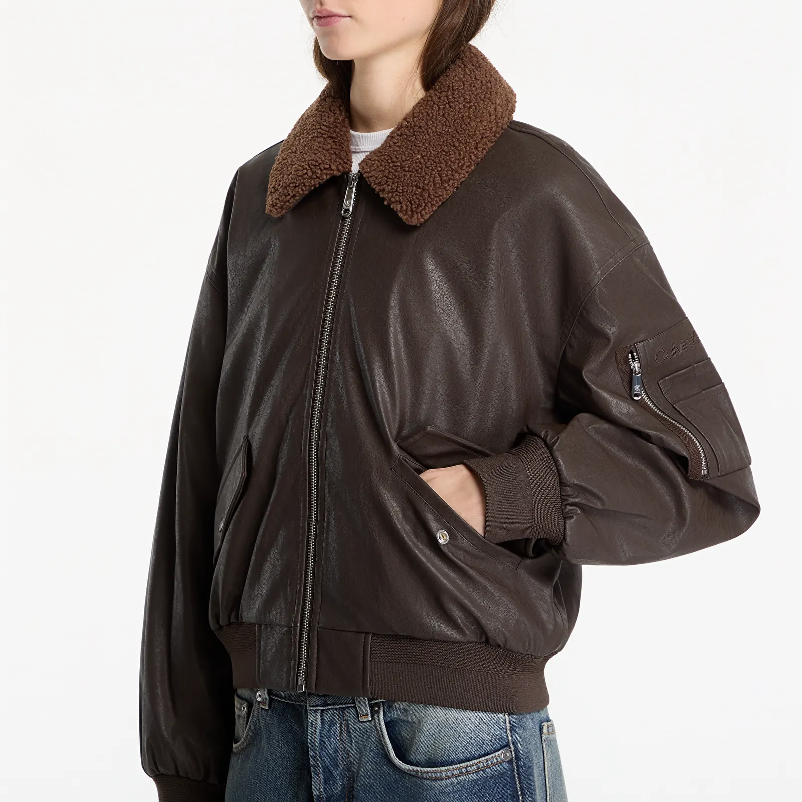 Дамски якета Calvin Klein Jeans Faux Leather Padded Dark Coffee