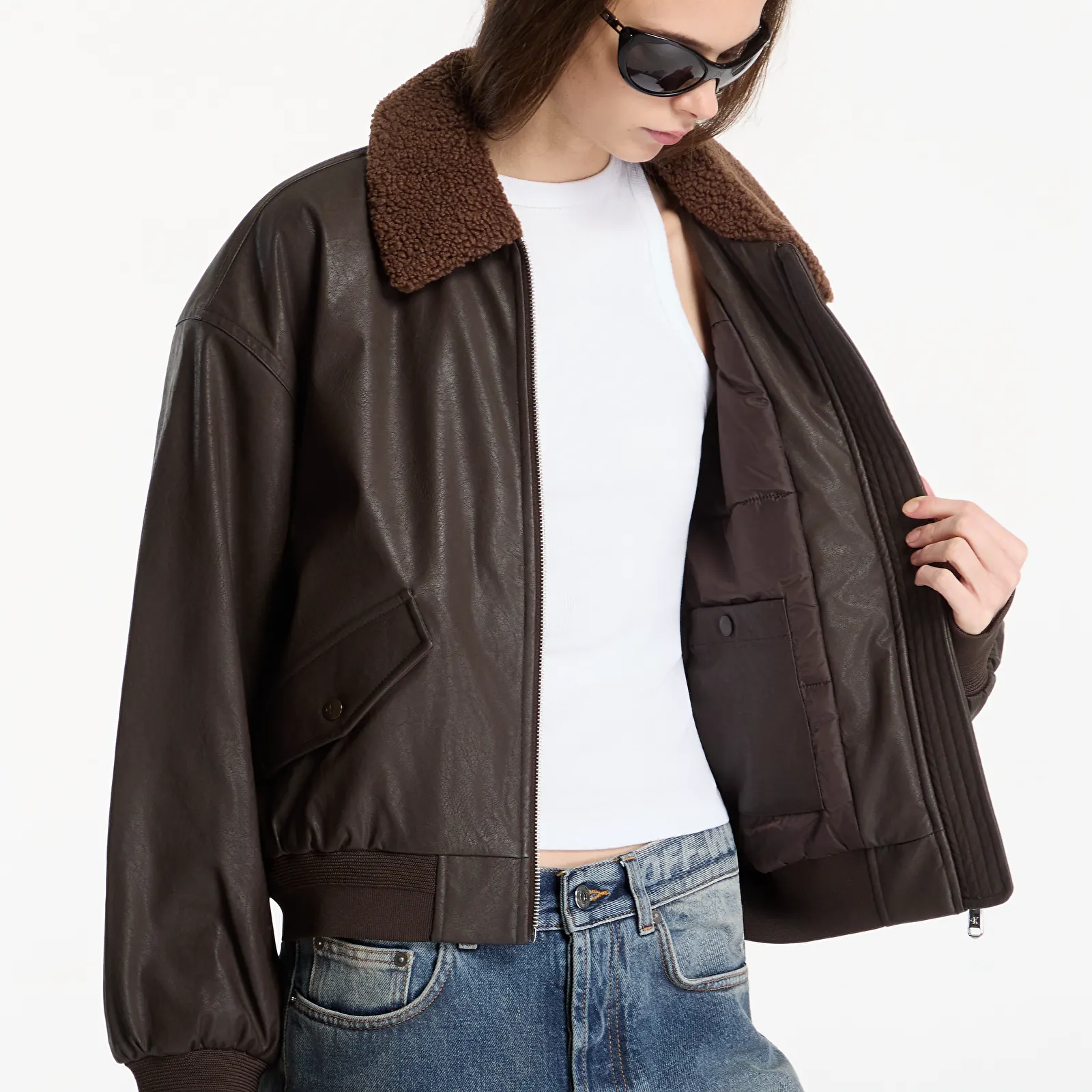 Дамски якета Calvin Klein Jeans Faux Leather Padded Dark Coffee