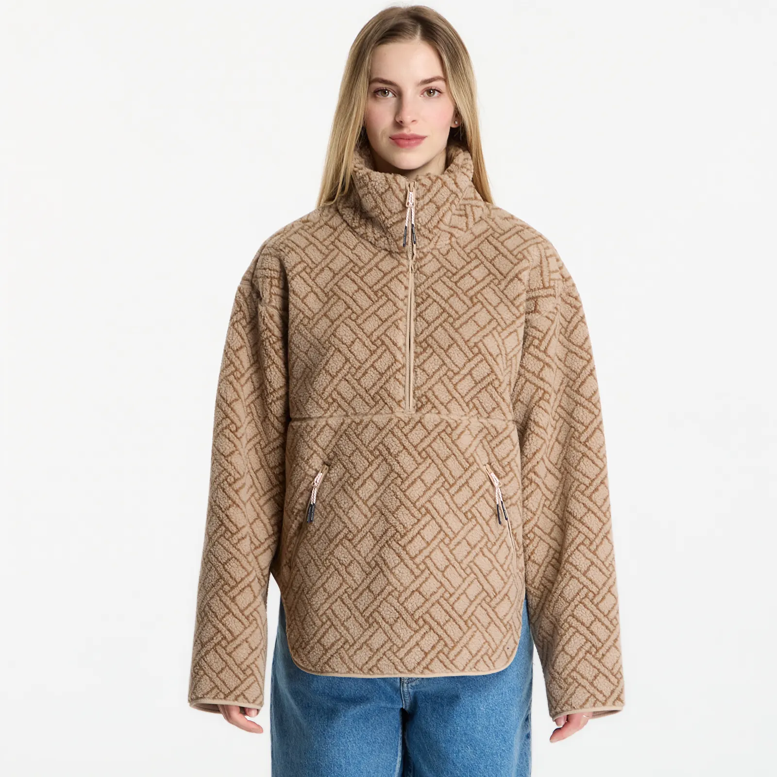Bundy Tommy Hilfiger Teddy Half Zip Jacket Beige Monogram Flag
