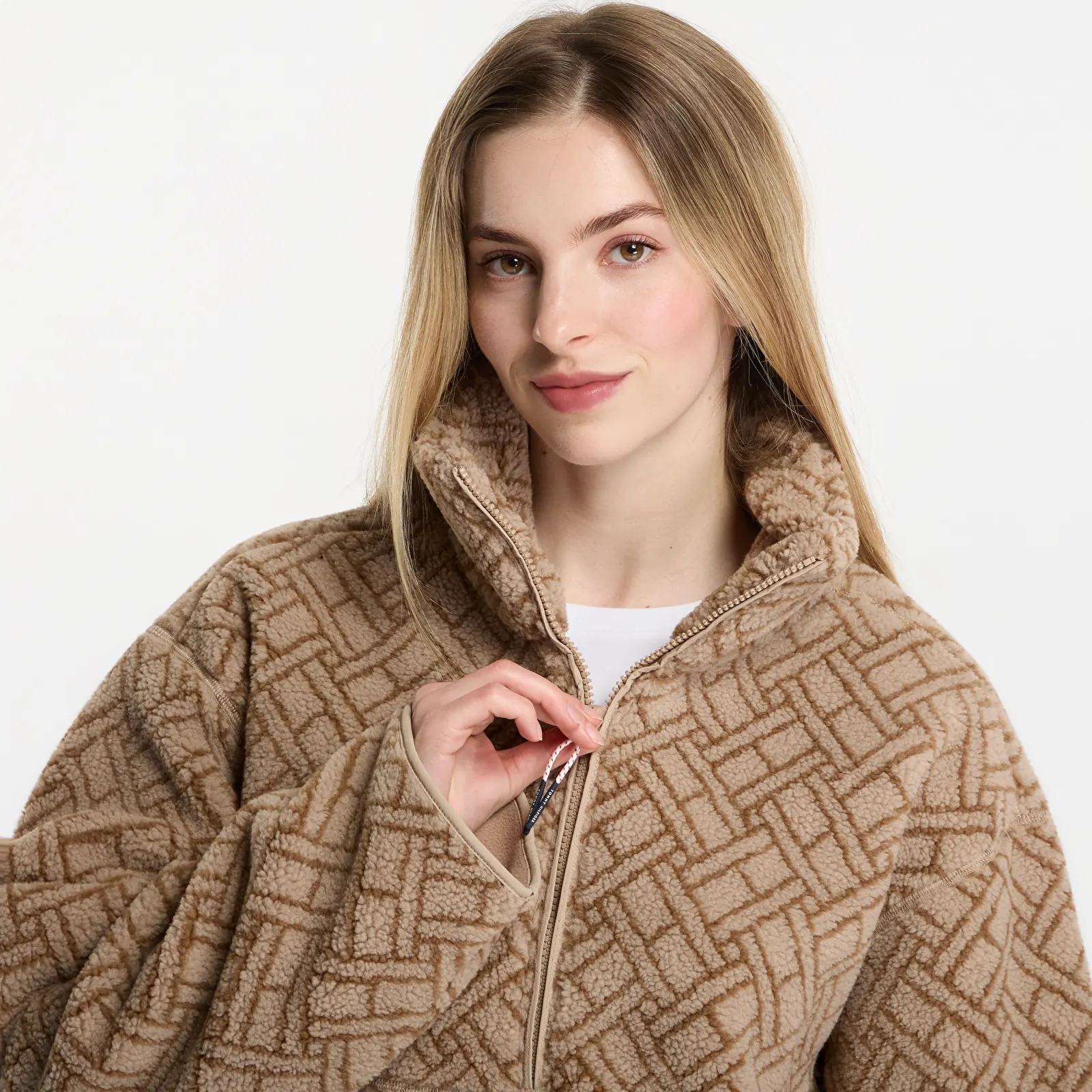 Bundy Tommy Hilfiger Teddy Half Zip Jacket Beige Monogram Flag