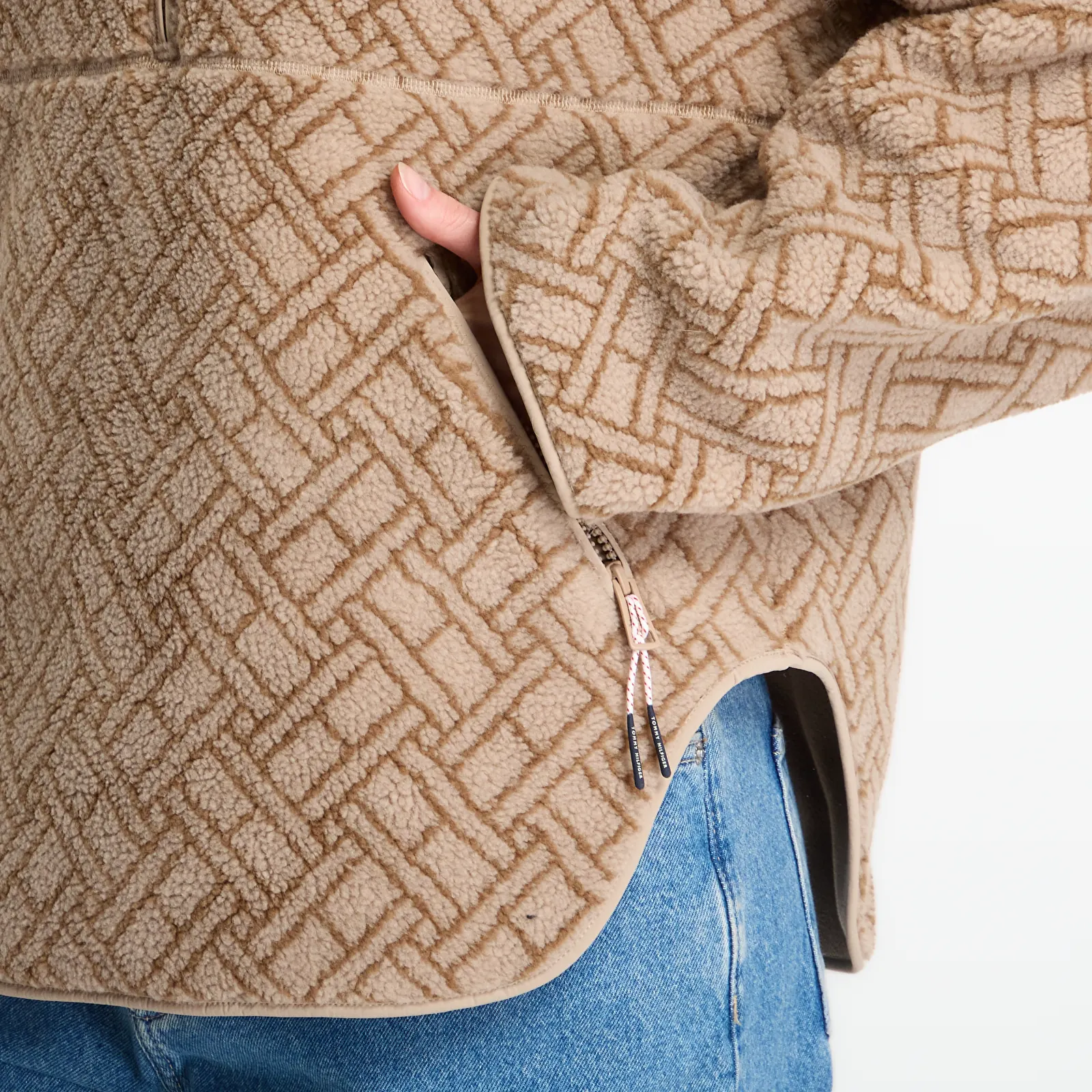 Bundy Tommy Hilfiger Teddy Half Zip Jacket Beige Monogram Flag