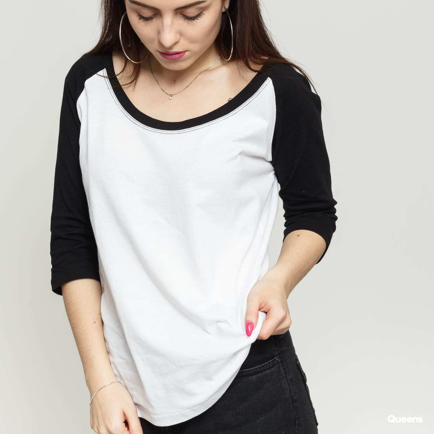 T-shirts Urban Contrast Ladies Black White/ | Queens 3/4 Classics Raglan