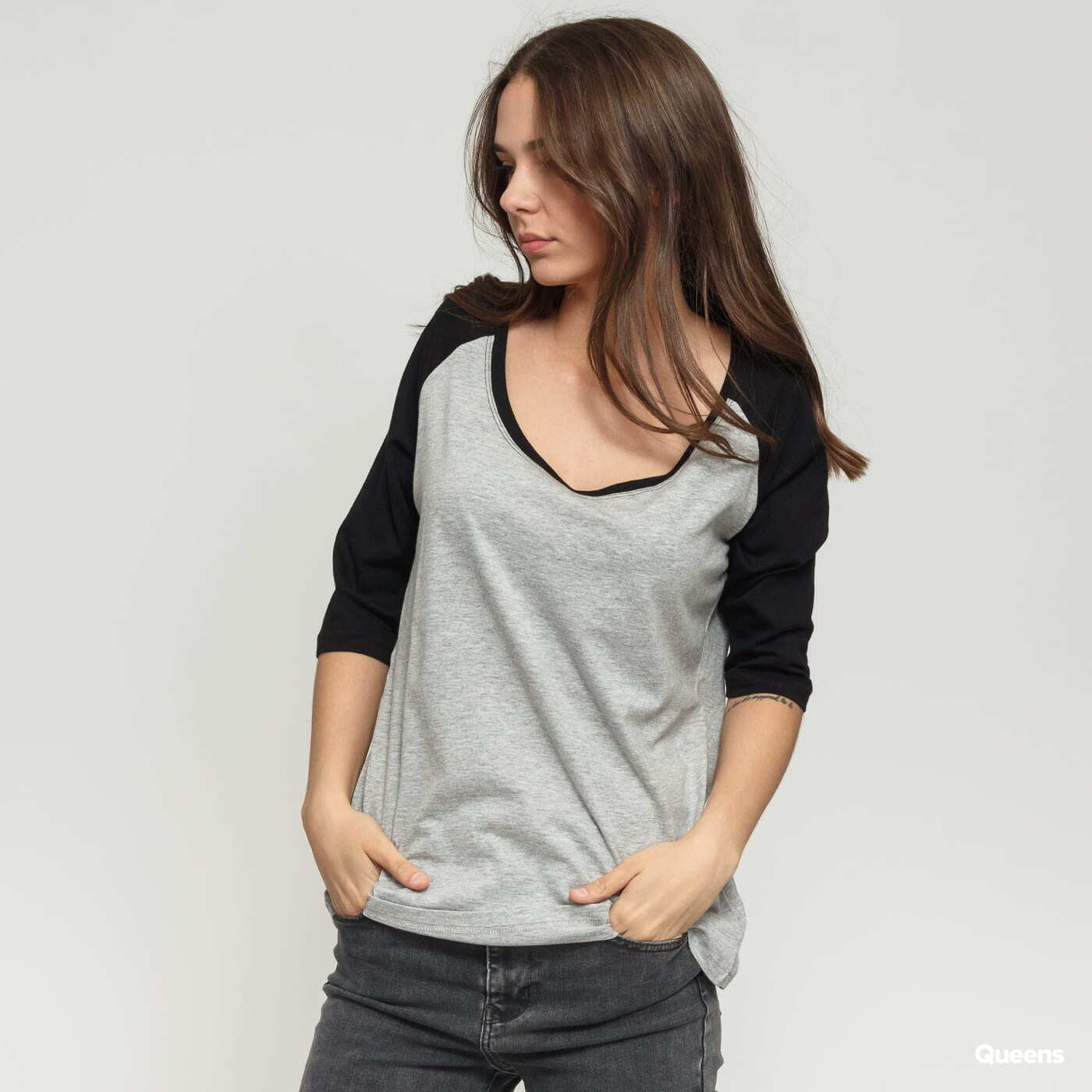 T-shirts Urban Classics Ladies 3/4 Contrast Raglan Grey/ Black